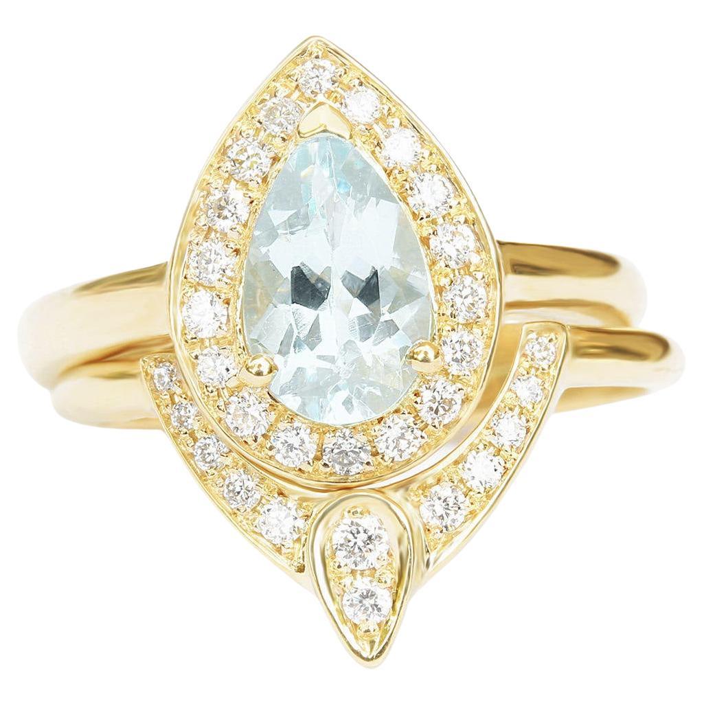 Pear Aquamarine Diamond Halo Ring Unique Bridal Two Ring Set - "The 3rd Eye" For Sale