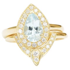 Pear Aquamarine Diamond Halo Ring Unique Bridal Two Ring Set - "The 3rd Eye"