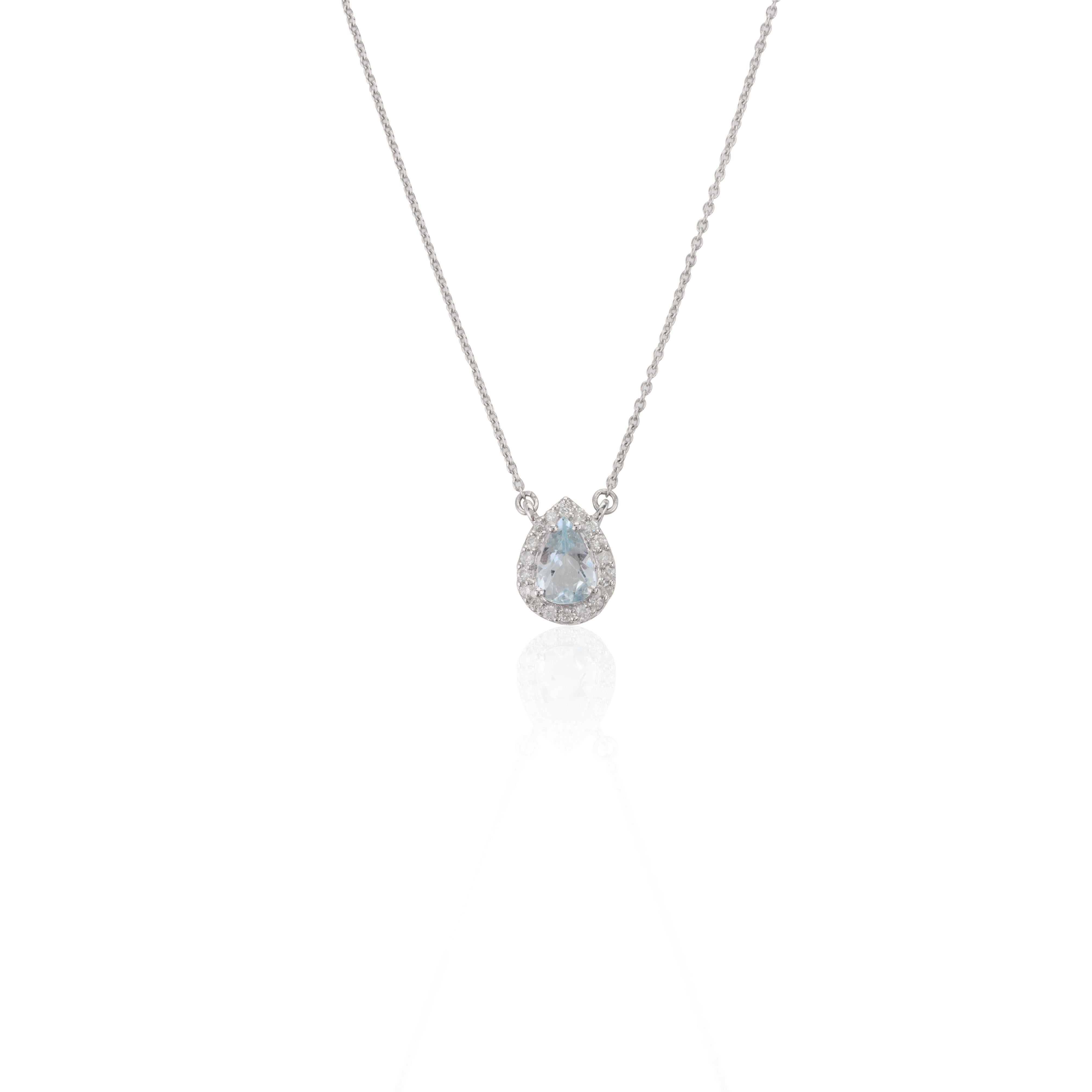Pear Aquamarine Halo Diamond Pendant Necklace in 14k Solid White Gold For Sale 1