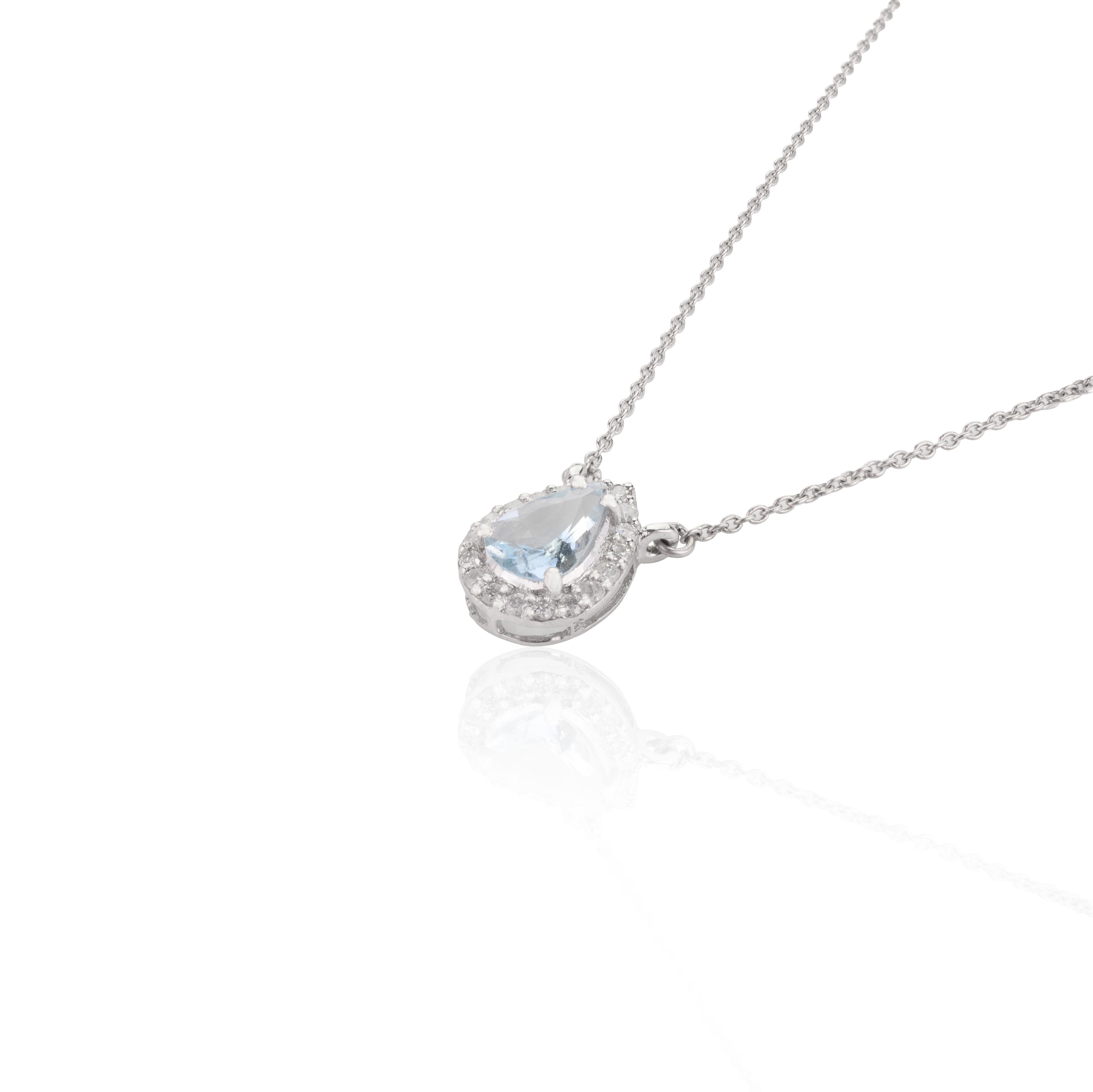 Modern Pear Aquamarine Halo Diamond Pendant Necklace in 14k Solid White Gold For Sale