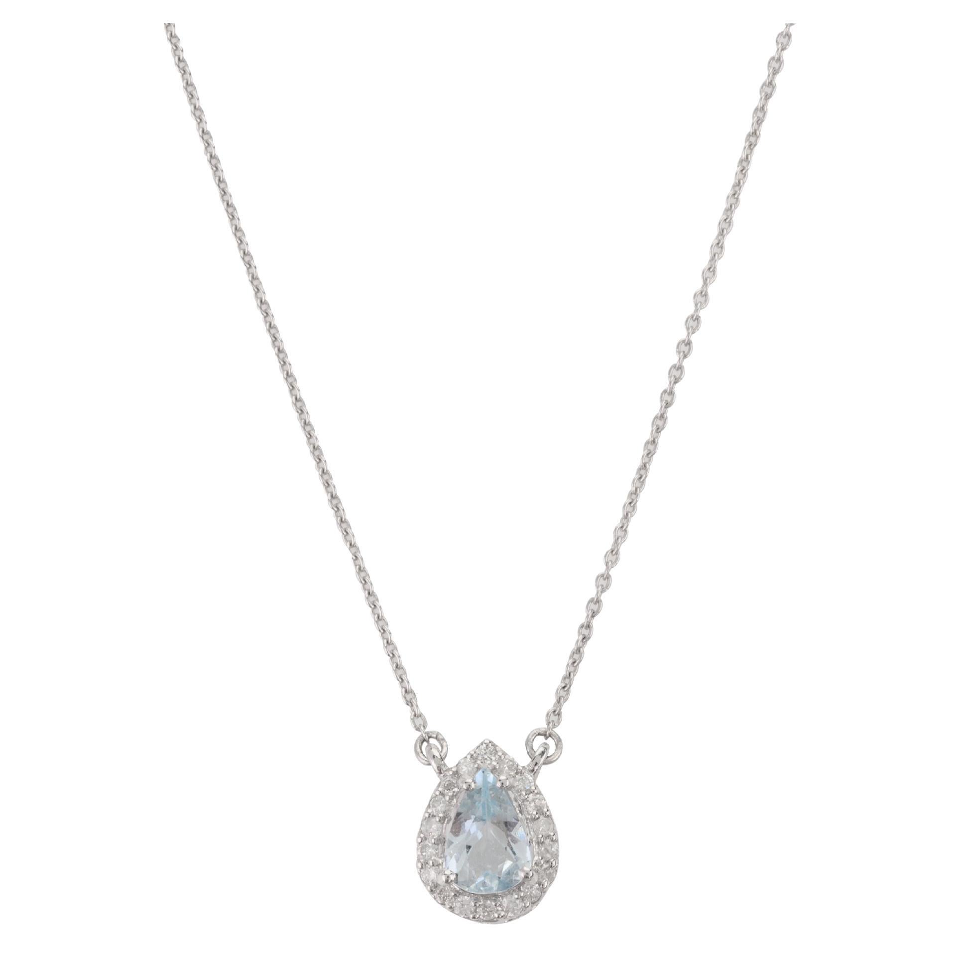 Pear Aquamarine Halo Diamond Pendant Necklace in 14k Solid White Gold For Sale