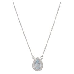 Pear Aquamarine Halo Diamond Pendant Necklace in 14k Solid White Gold