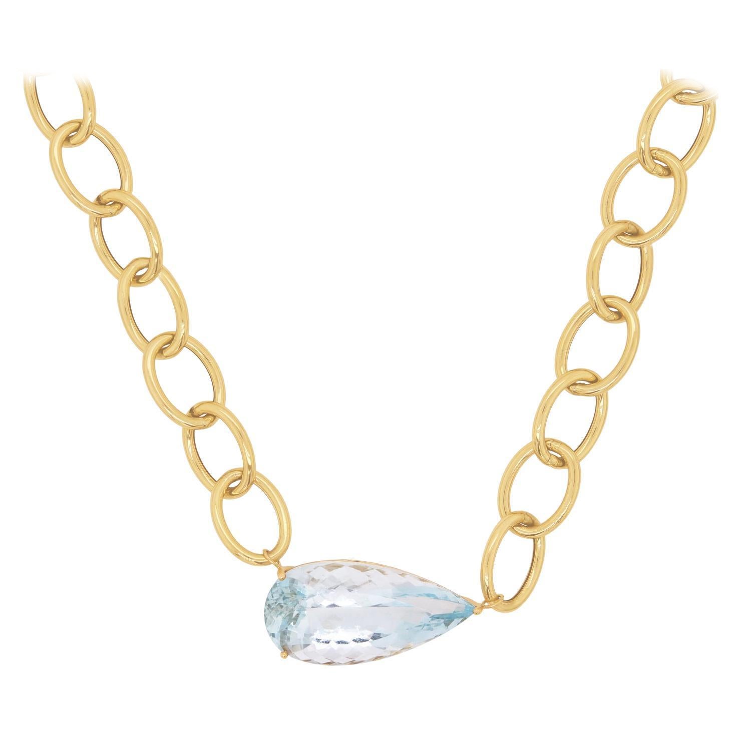 Collar de cadena de eslabones de aguamarina pera 14k amarillo italiano