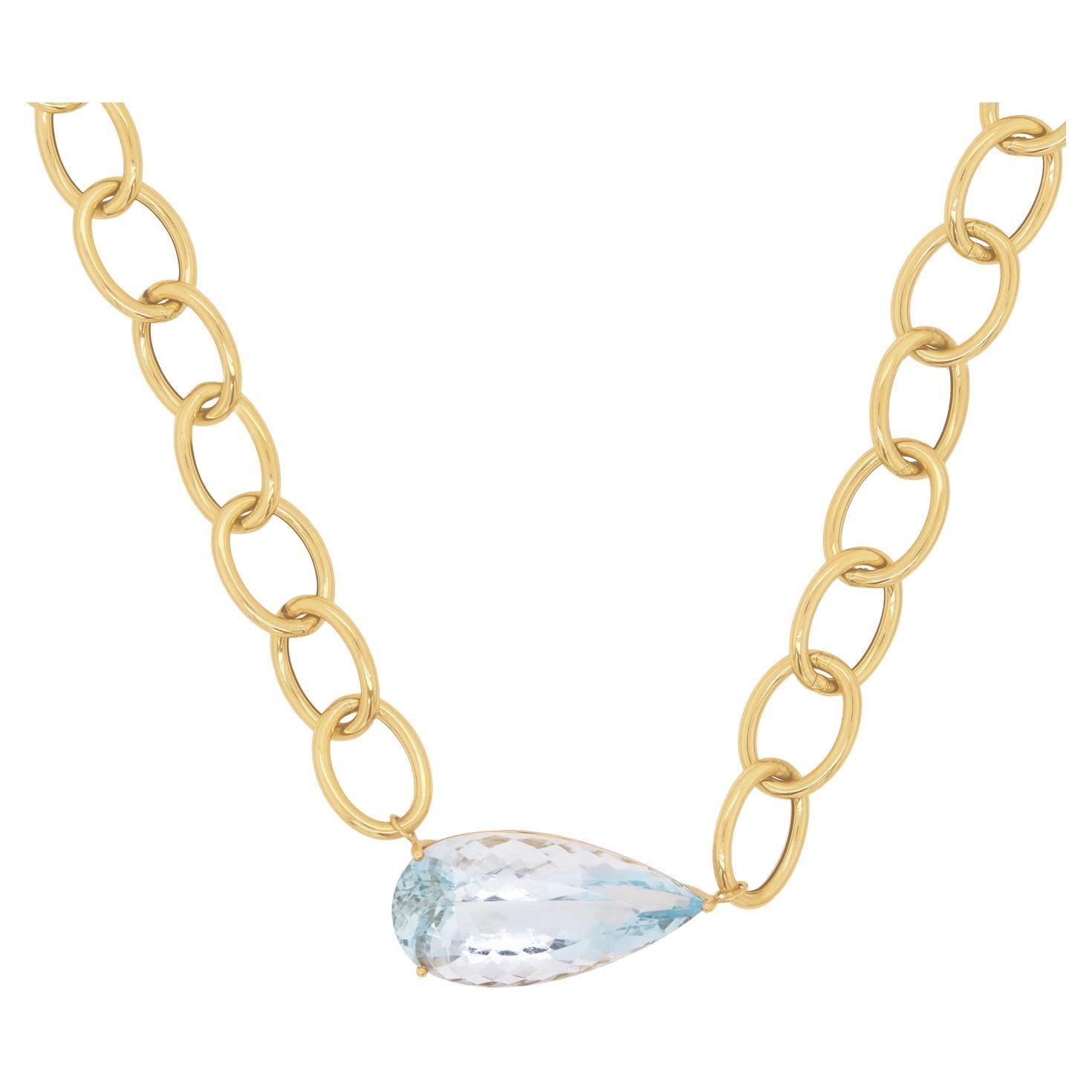 Pear Aquamarine Paperclip Link Chain Necklace 14k Italian Yellow
