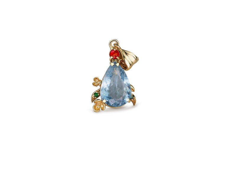 Pear aquamarine pendant in 14 karat gold.  Shri Lanka aquamarine pendant. Flower design pendant with natural aquamarine. 

14 karat yellow gold
Weight: 2.85 g.
Pendant size: 30x14.5 mm 

Set with aquamarine, color - light blue
pear cut, 3.8 ct.