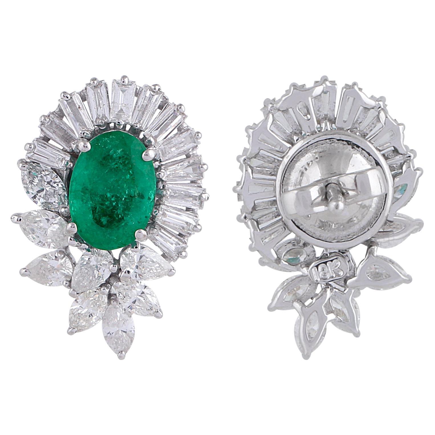 Pear Baguette Diamond Stud Earrings Natural Emerald Solid 18k White Gold Jewelry