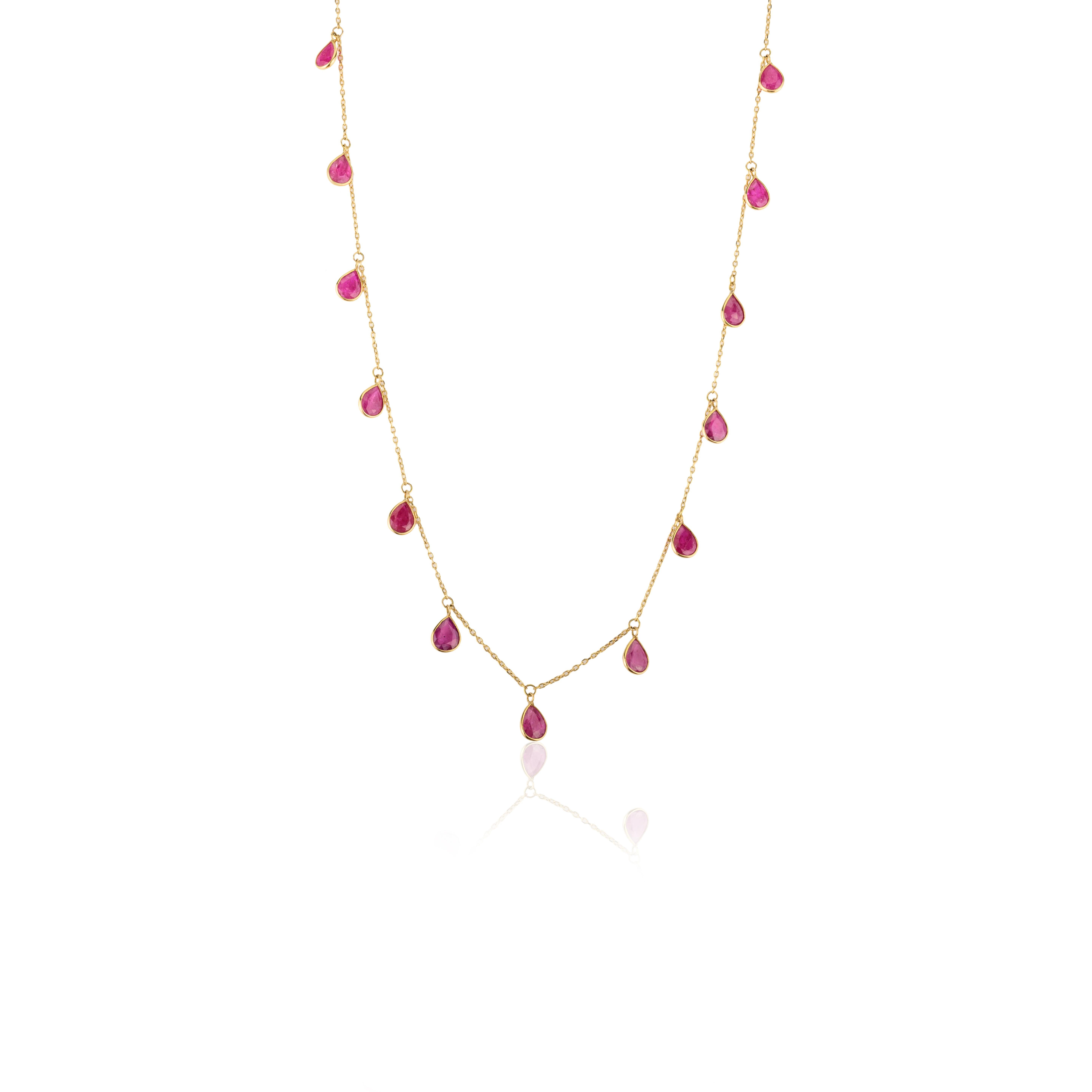 Contemporary Pear Bezel Set Ruby Fringe Necklace in 18 Karat Yellow Gold Gift for Women For Sale