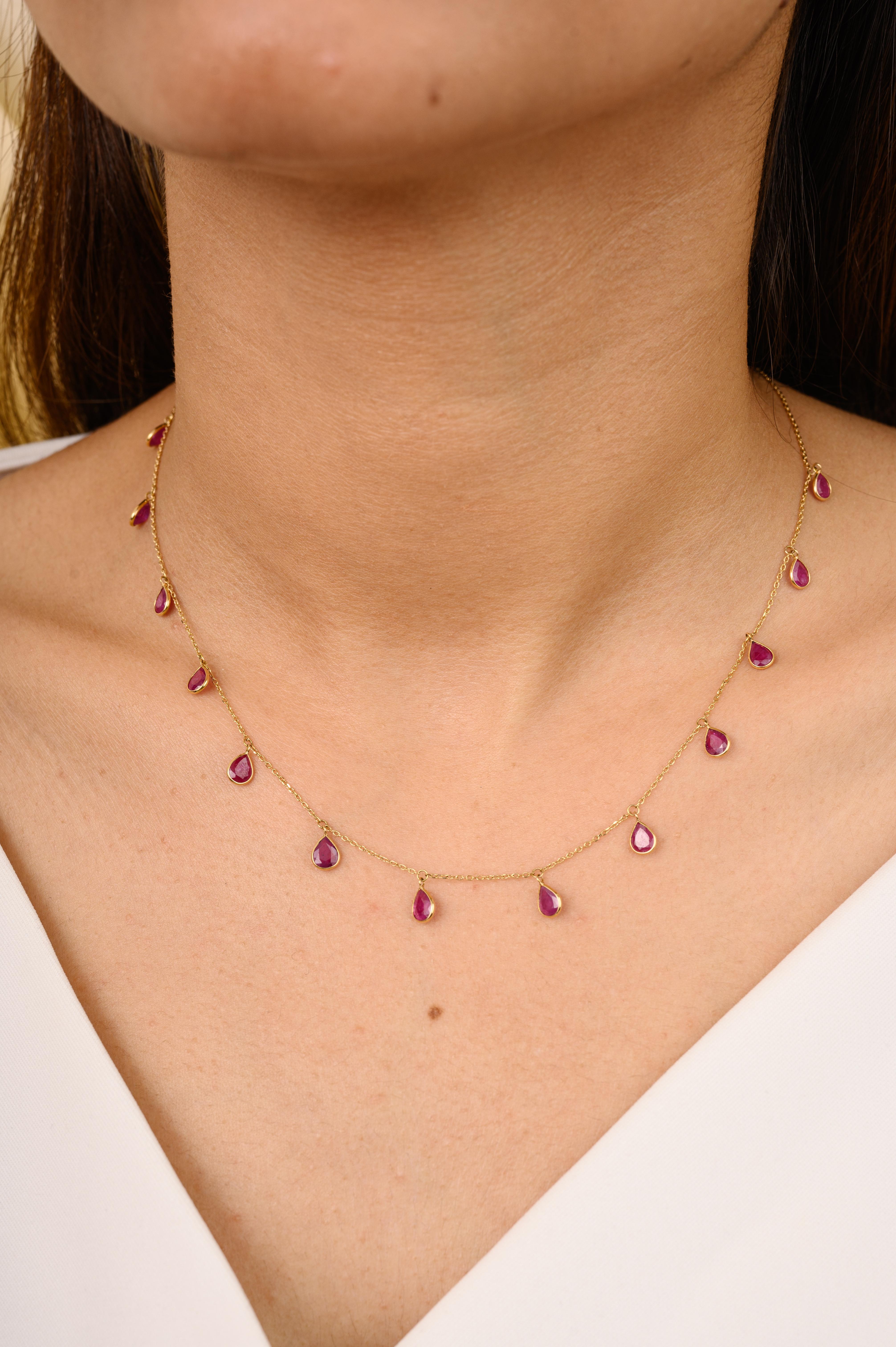 Pear Cut Pear Bezel Set Ruby Fringe Necklace in 18 Karat Yellow Gold Gift for Women For Sale