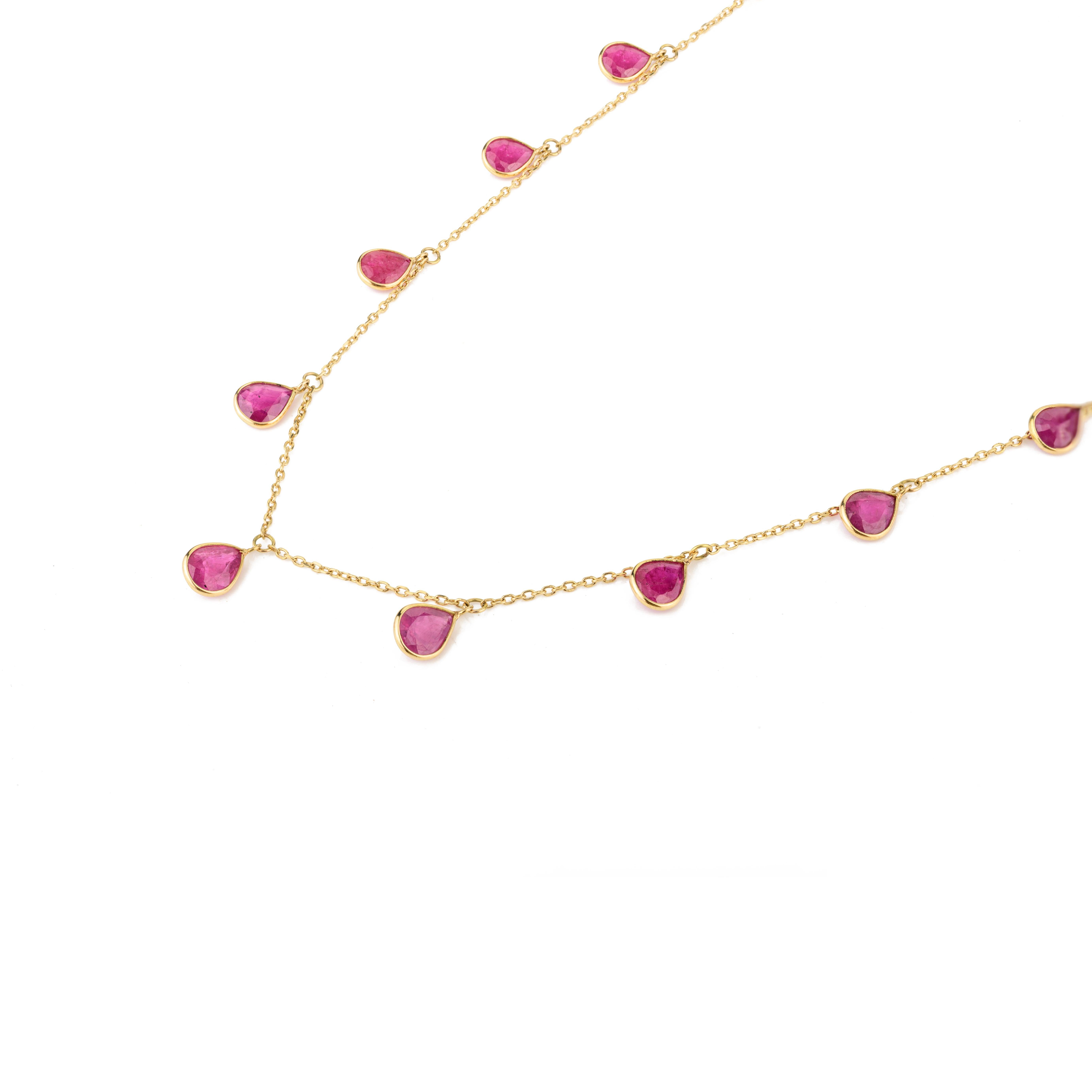 Pear Bezel Set Ruby Fringe Necklace in 18 Karat Yellow Gold Gift for Women In New Condition In Houston, TX