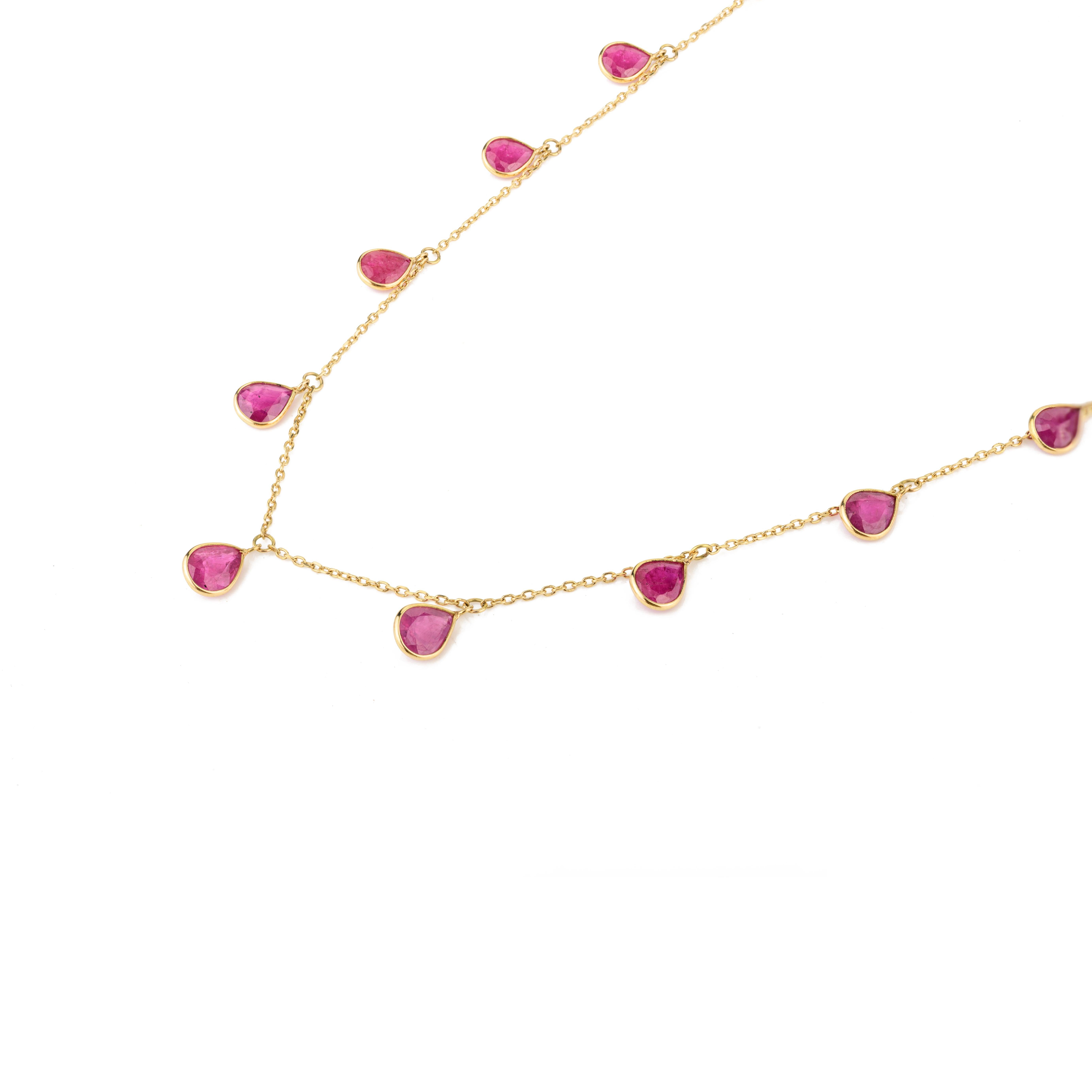 Pear Bezel Set Ruby Fringe Necklace in 18 Karat Yellow Gold Gift for Women In New Condition For Sale In New York, NY
