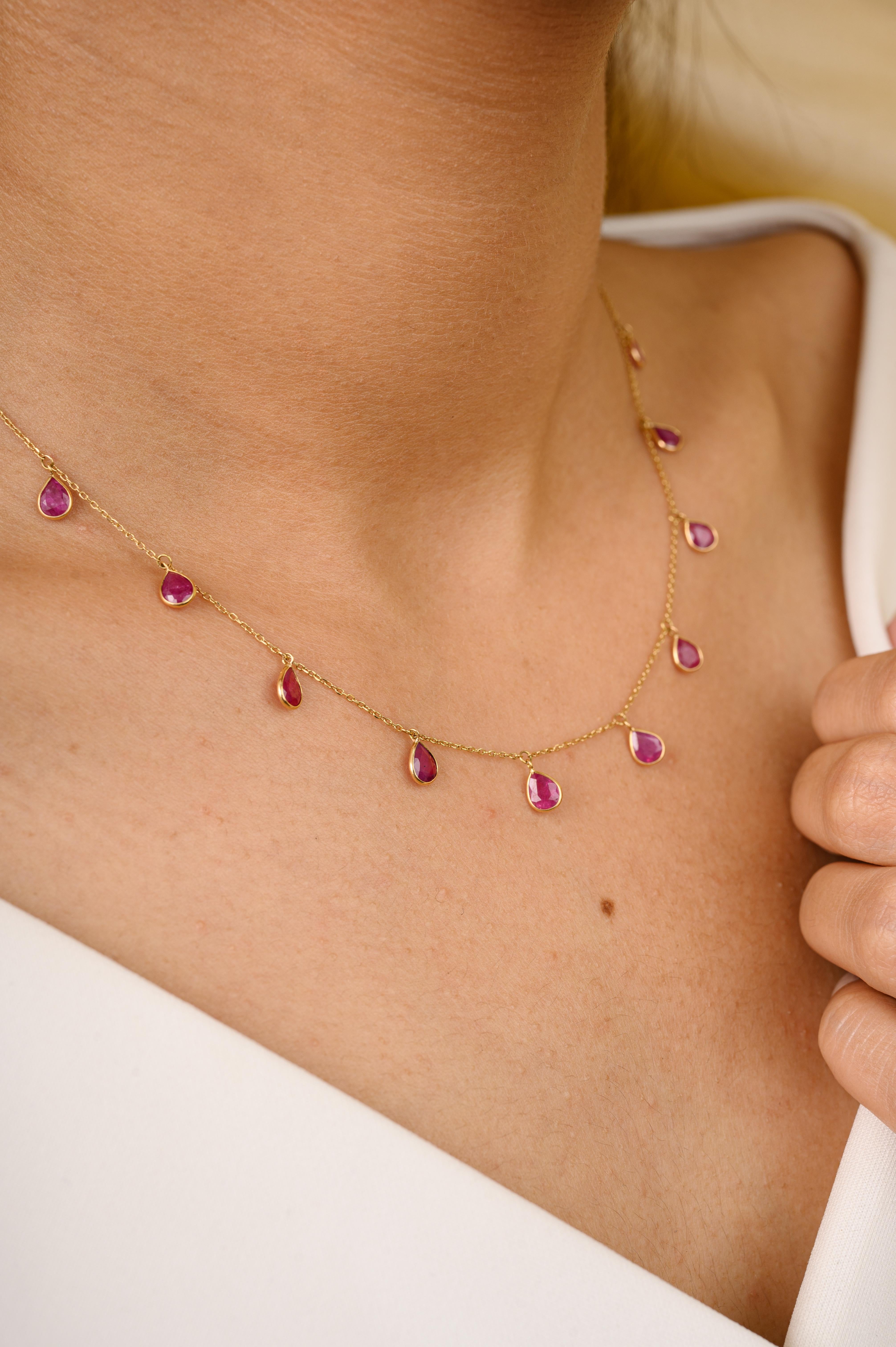 Women's Pear Bezel Set Ruby Fringe Necklace in 18 Karat Yellow Gold Gift for Women For Sale