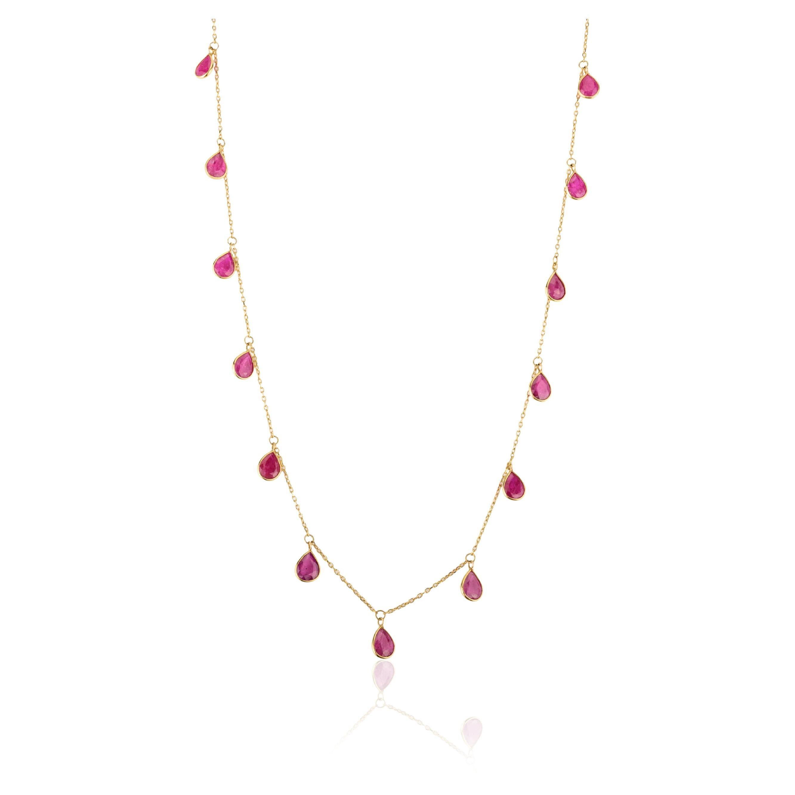 Pear Bezel Set Ruby Fringe Necklace in 18 Karat Yellow Gold Gift for Women