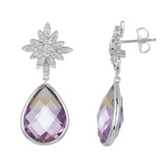 Pear Bicolor Ametrine Amethyst Citrine Diamond Dangle Flower Art Deco Earrings