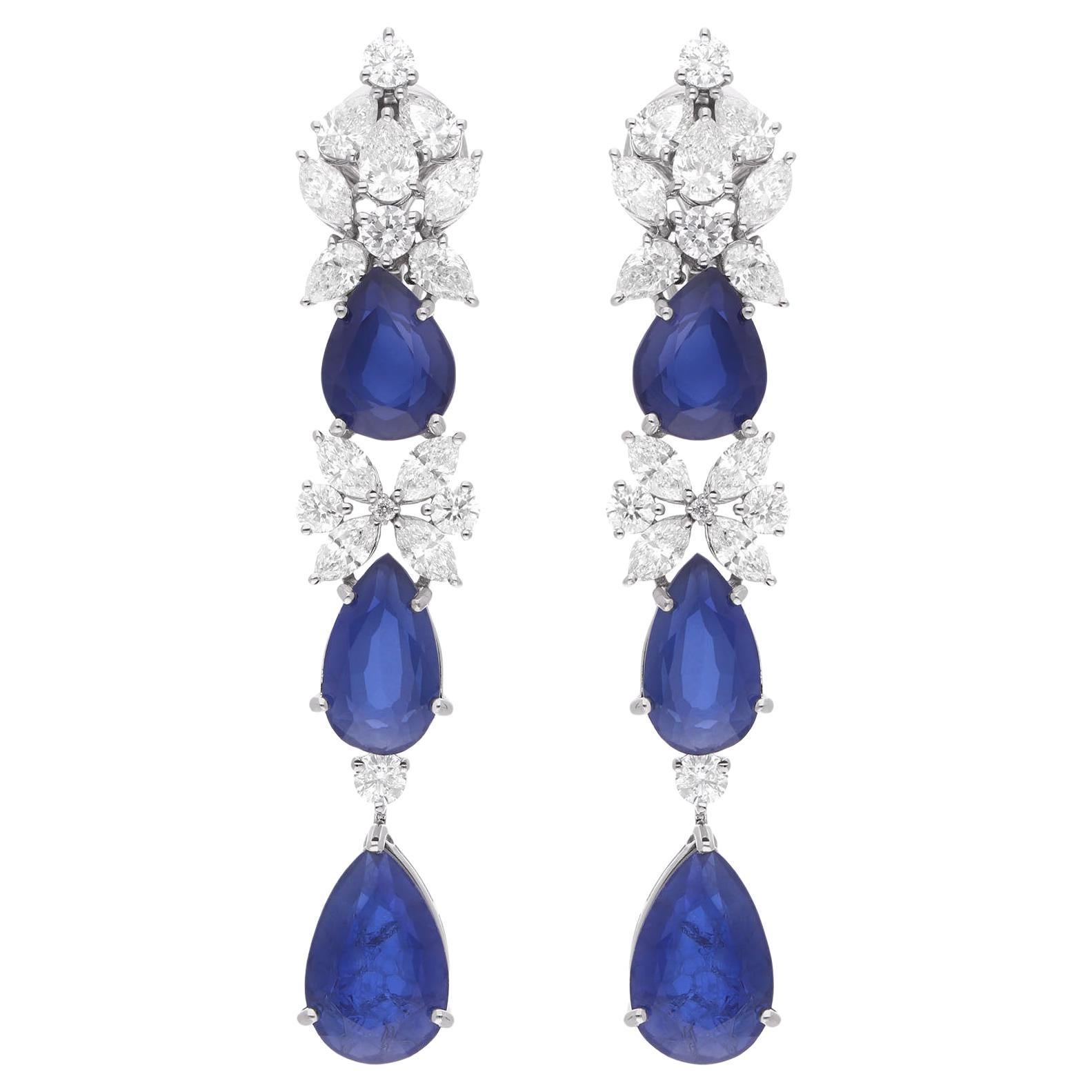 Pendientes Colgantes Piedra Azul Pera Diamante Oro Blanco 14 Kilates Joyería Artesanal