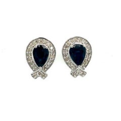 Pear Blue Sapphire and Diamond Balloon Shape Stud Earrings for Her in 925 Silver