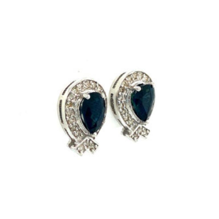 Art Deco Pear Blue Sapphire and Diamond Balloon Shape Stud Earrings in 925 Silver For Sale