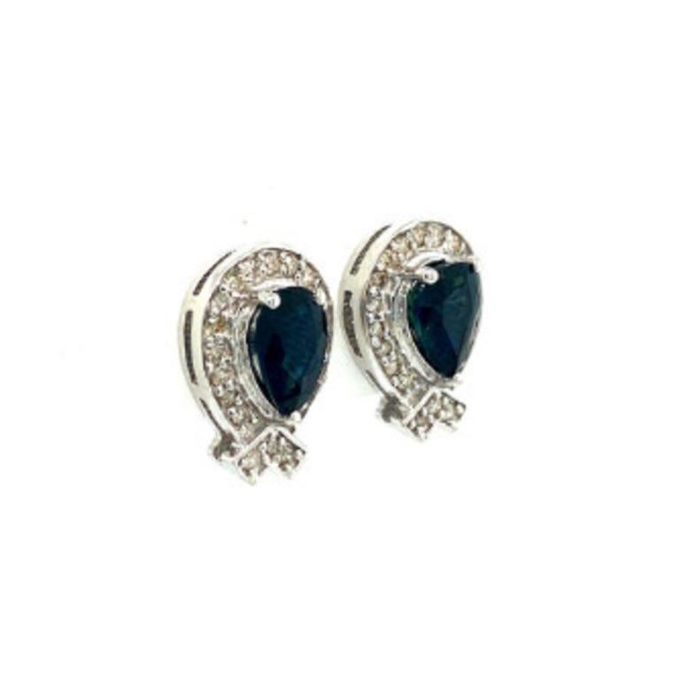 Art Deco Pear Blue Sapphire and Diamond Balloon Shape Stud Earrings for Mom in 925 Silver For Sale