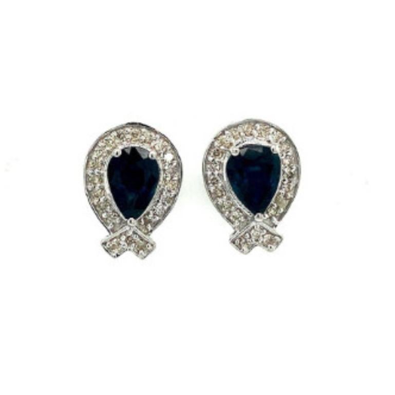 Pear Cut Pear Blue Sapphire and Diamond Balloon Shape Stud Earrings in 925 Silver For Sale