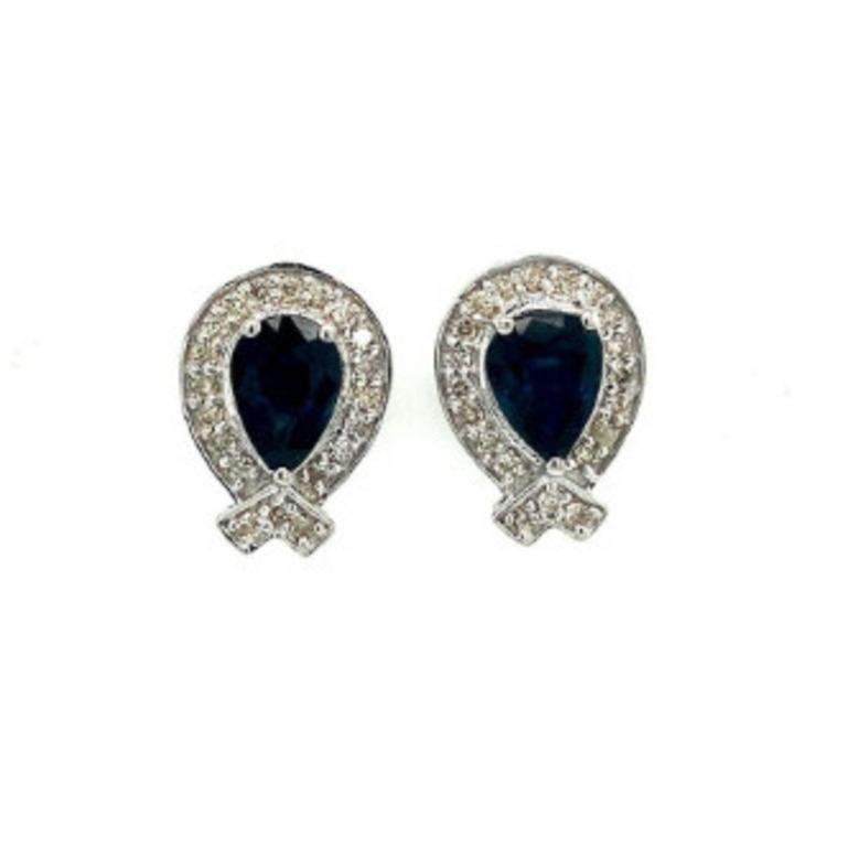 Pear Cut Pear Blue Sapphire and Diamond Balloon Shape Stud Earrings for Mom in 925 Silver For Sale