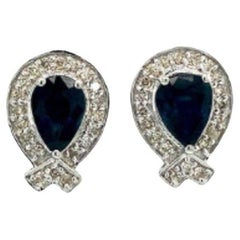 Pear Blue Sapphire and Diamond Balloon Shape Stud Earrings in 925 Silver