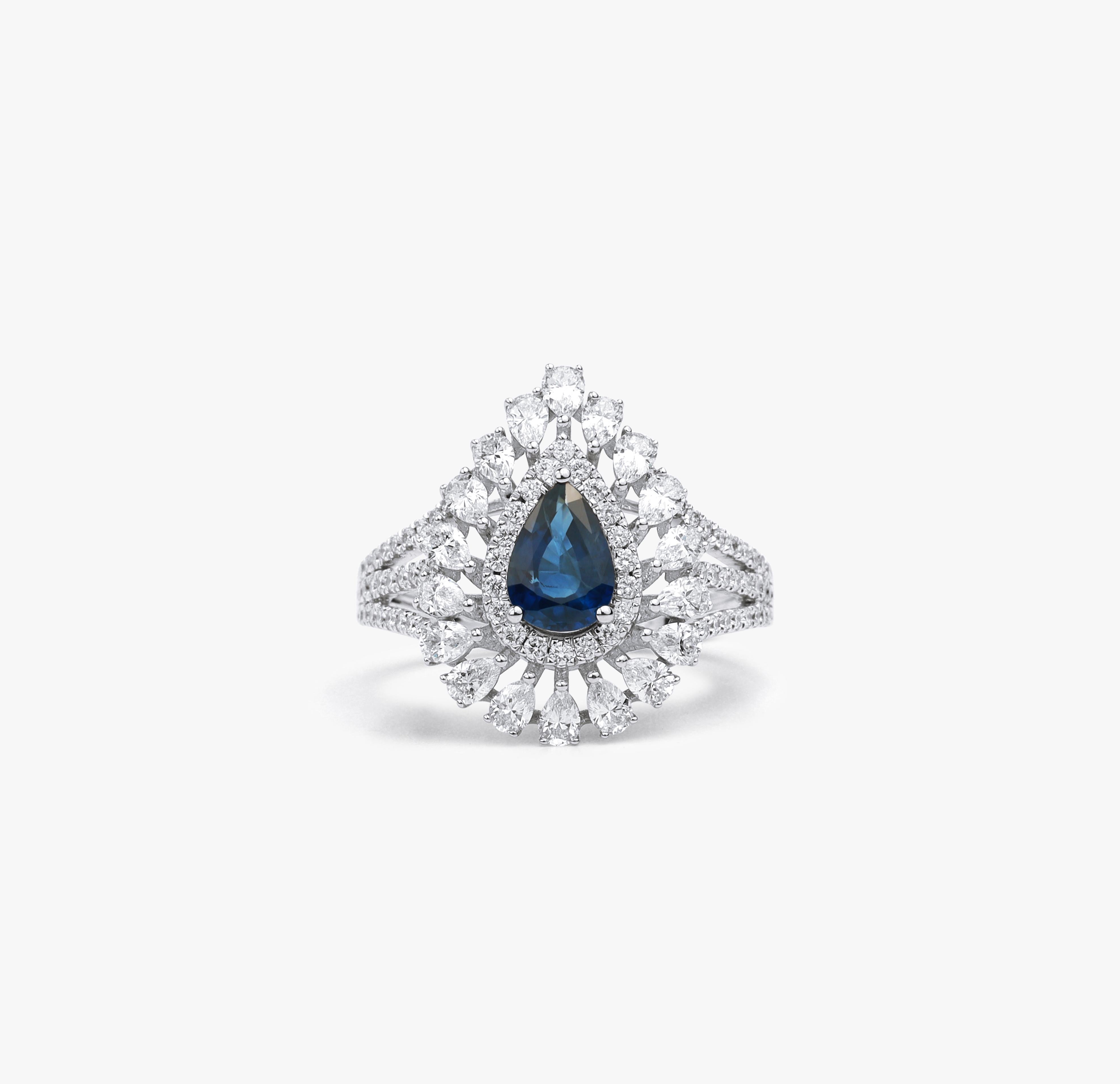 Pear Blue Sapphire Diamond Double Halo Cocktail Engagement Proposal Ring For Her

Available in 18k white gold.

Same design can be made also with other custom gemstones per request.

Product details:

- Solid gold

- Diamond - approx. 1.3 carat

-