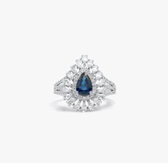1ct Pear-Cut Blue Sapphire & Diamond Double Halo Engagement Ring in 18K Gold