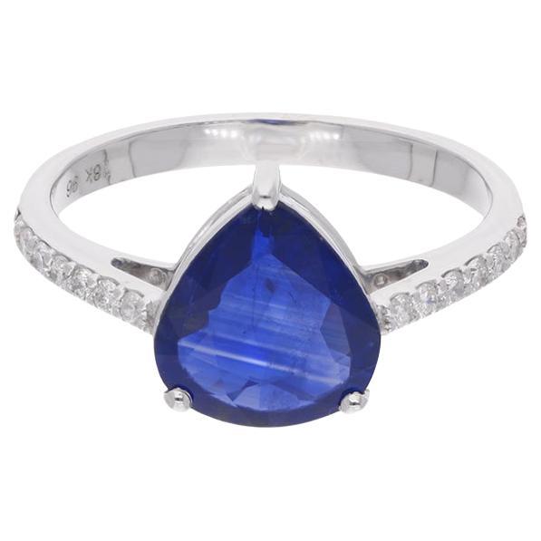 Bague de fiançailles saphir bleu poire diamant Or blanc 18 carats Bijoux artisanaux