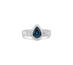 Art Deco Pear-Cut Blue Sapphire & Diamond Halo Engagement Ring in 18K White Gold