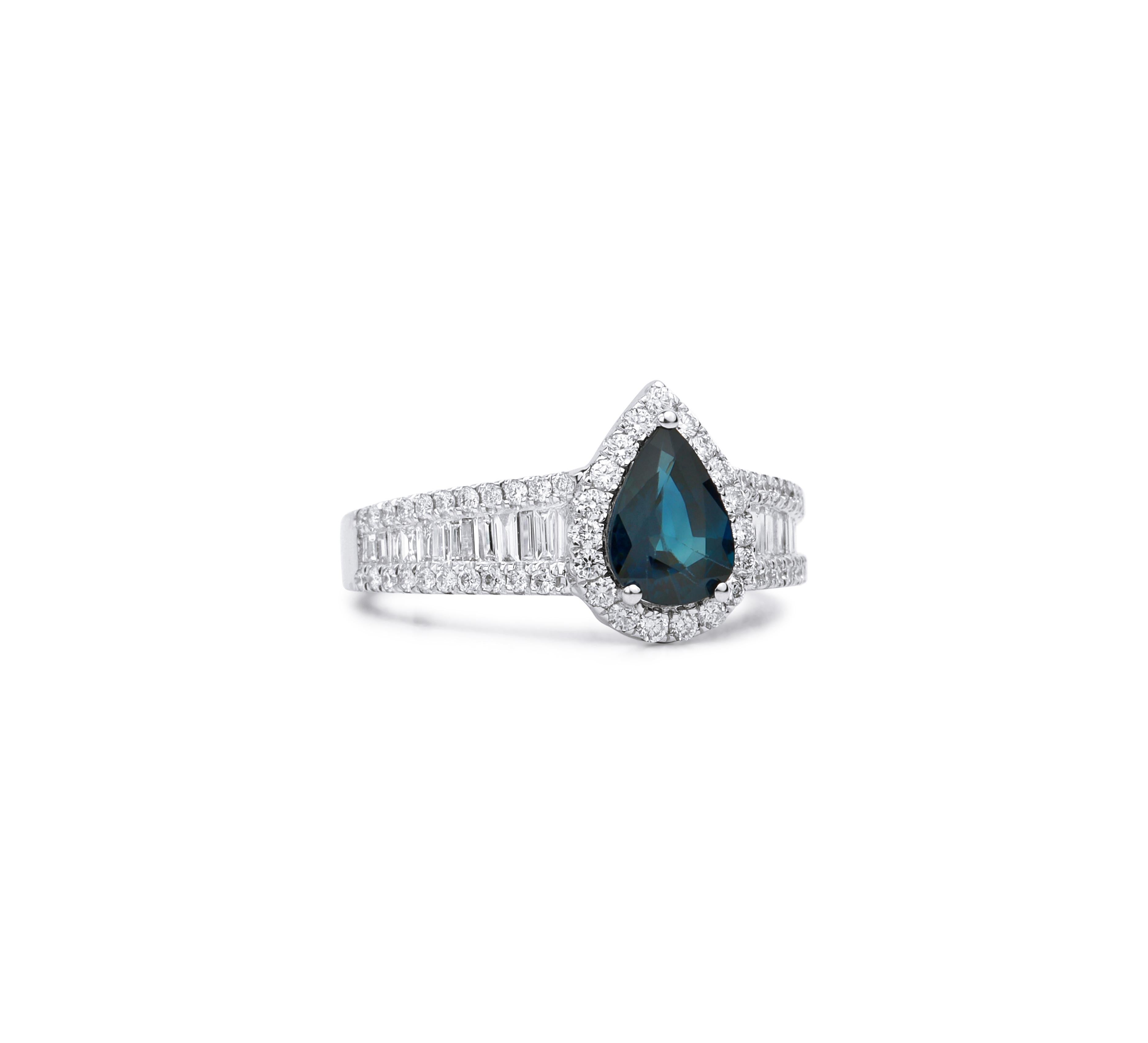 Art Deco Pear Blue Sapphire Diamond Halo Cocktail Engagement Proposal Ring For Her For Sale