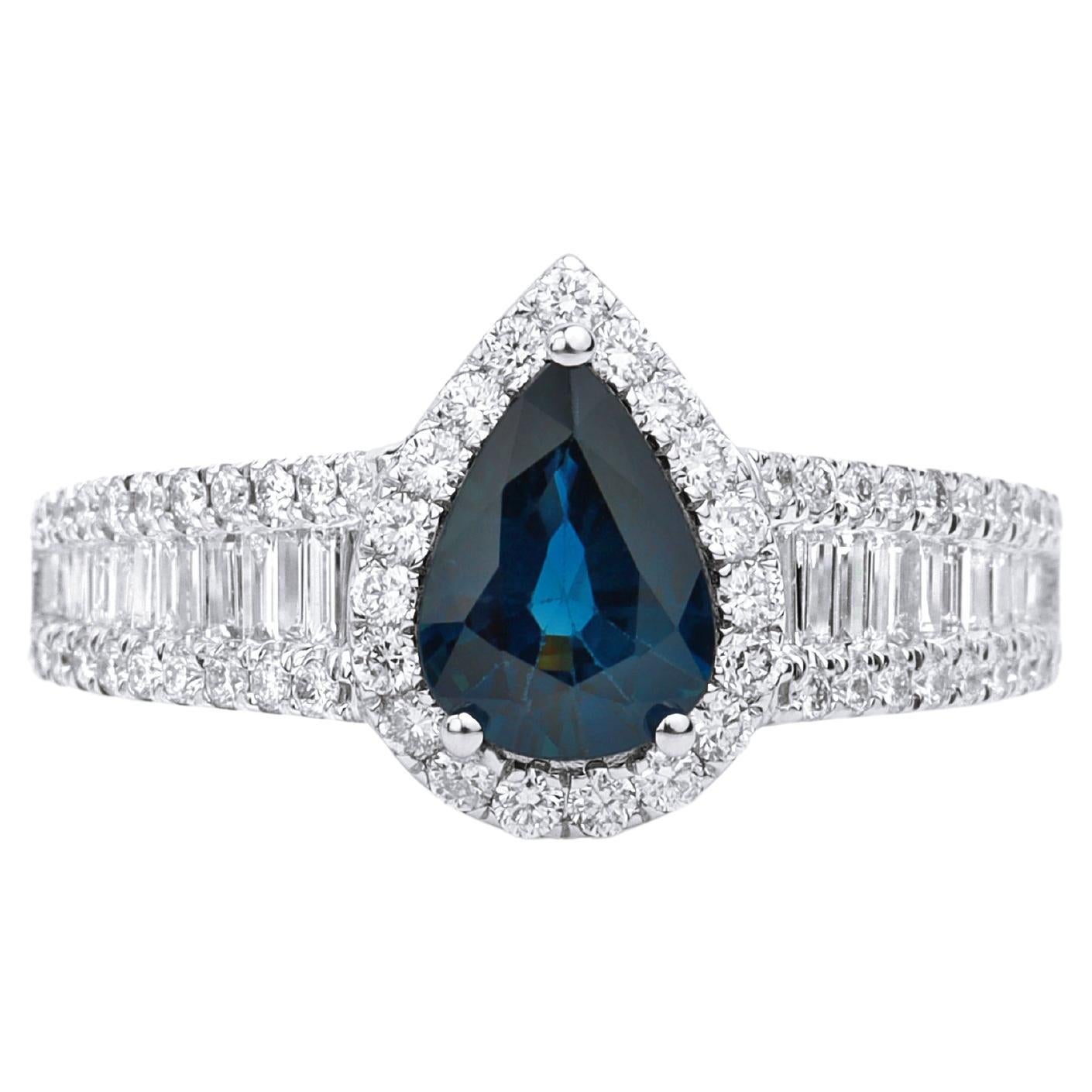 Pear Blue Sapphire Diamond Halo Cocktail Engagement Proposal Ring For Her
