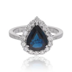 Bague de fiançailles saphir bleu poire diamant halo or blanc 14 carats Fine Jewelry