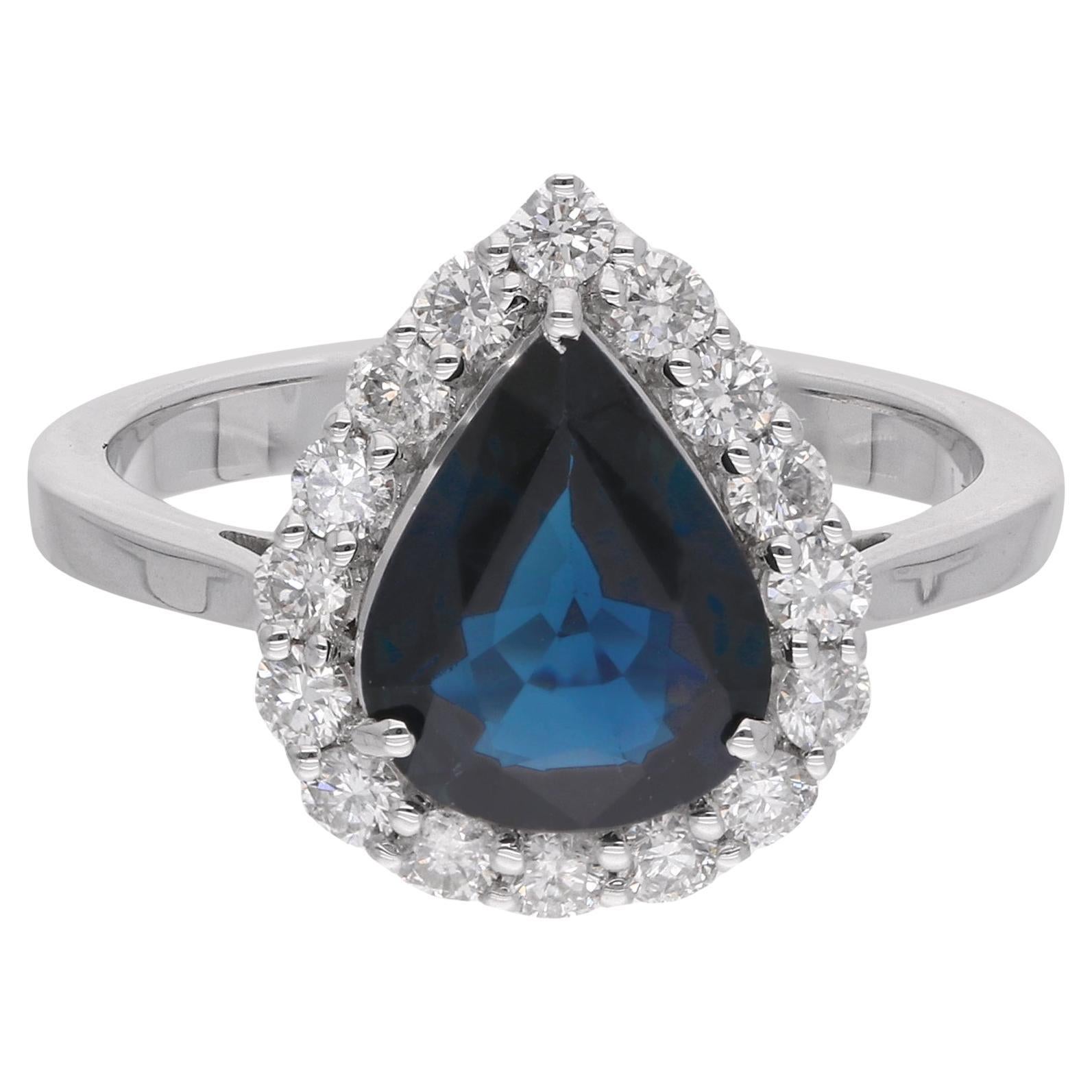 Anello di fidanzamento aureolato con diamante e zaffiro blu pera in oro bianco 18 carati Gioielli di pregio