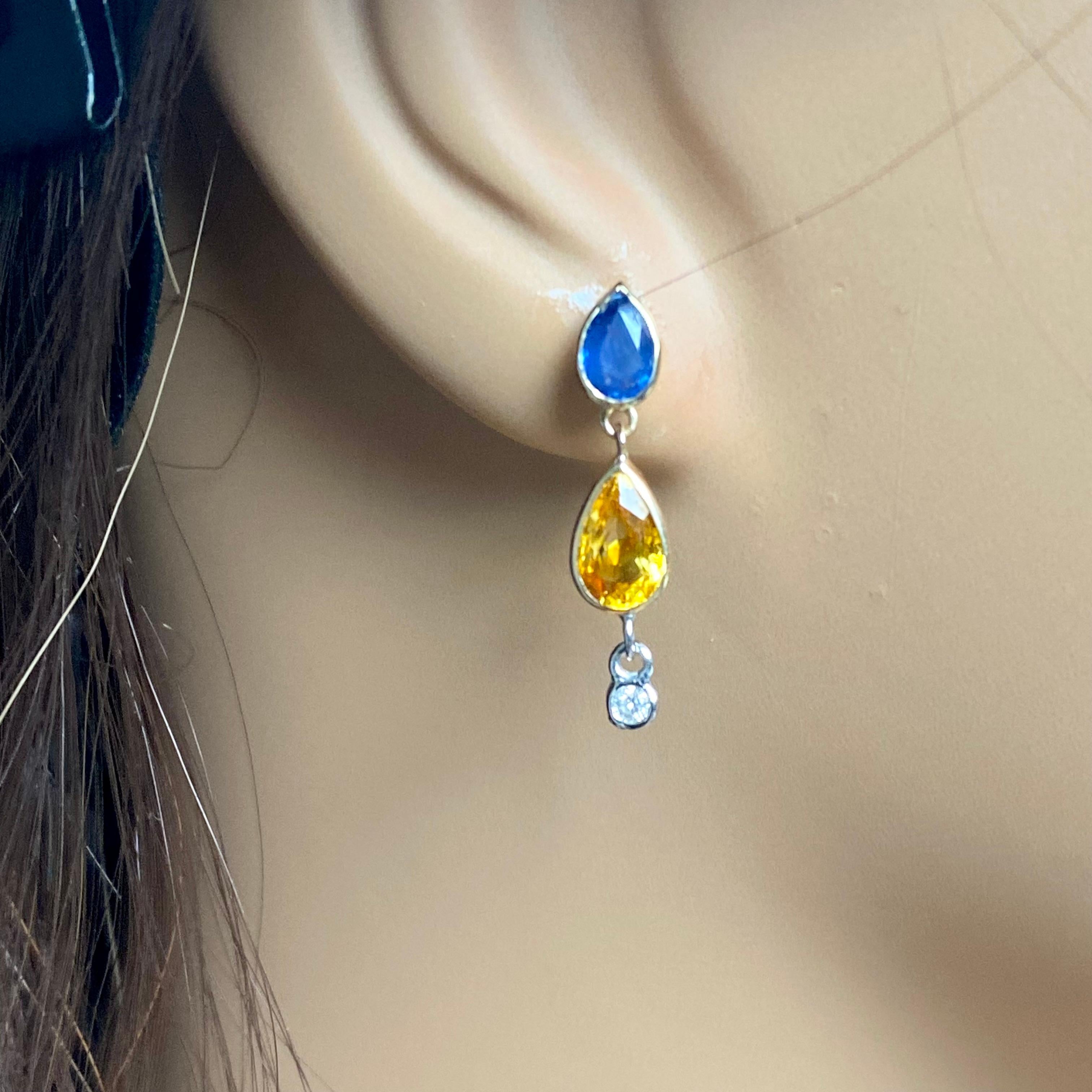 Pear Cut Pear Ceylon Blue Yellow Sapphire Diamond 4.70 Carat Bezel Set Gold Earrings For Sale