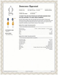 Orecchini d'oro con diamante e zaffiro blu giallo di Ceylon a pera da 4,70 carati con castone