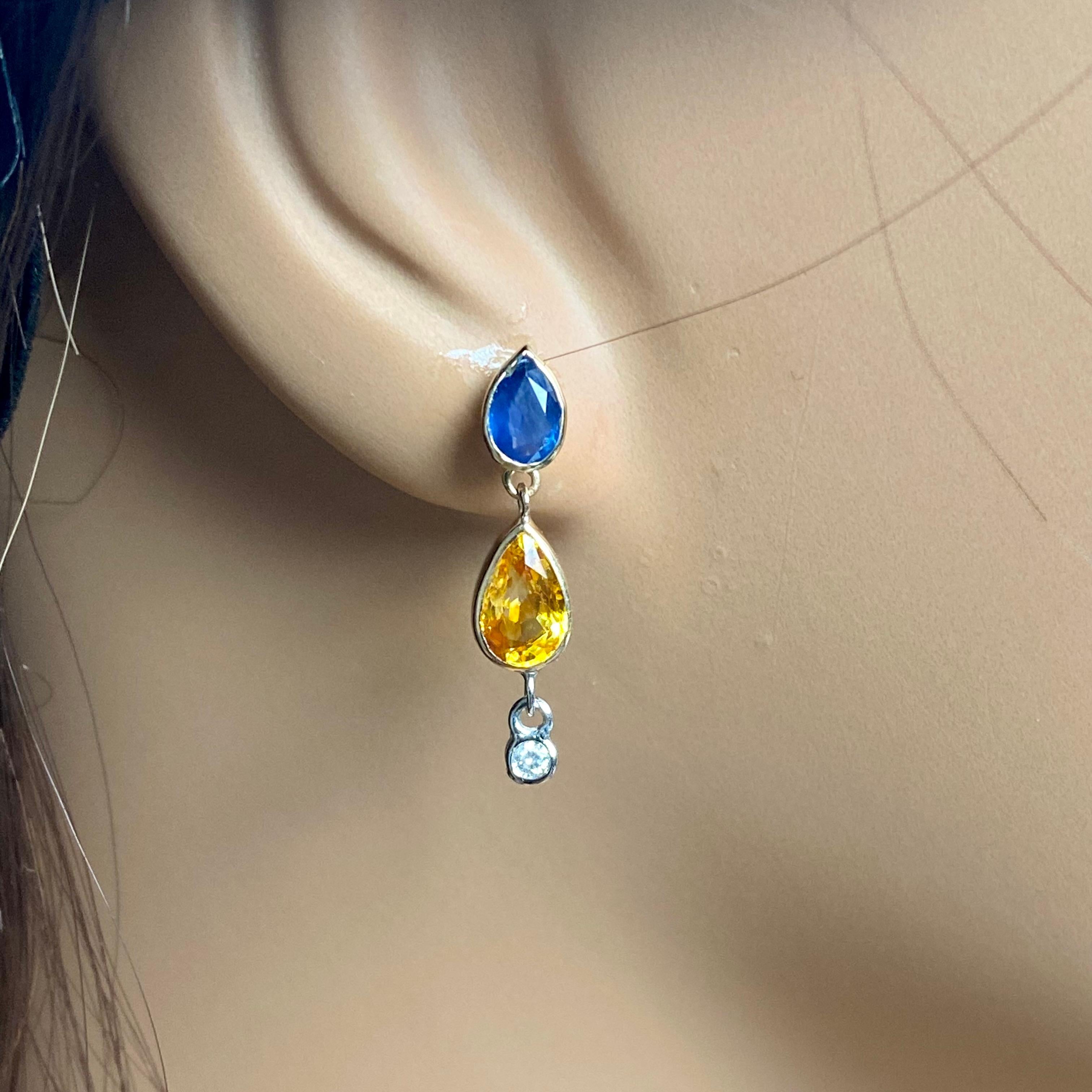 Pear Ceylon Blue Yellow Sapphire Diamond 4.70 Carat Bezel Set Gold Earrings In New Condition For Sale In New York, NY