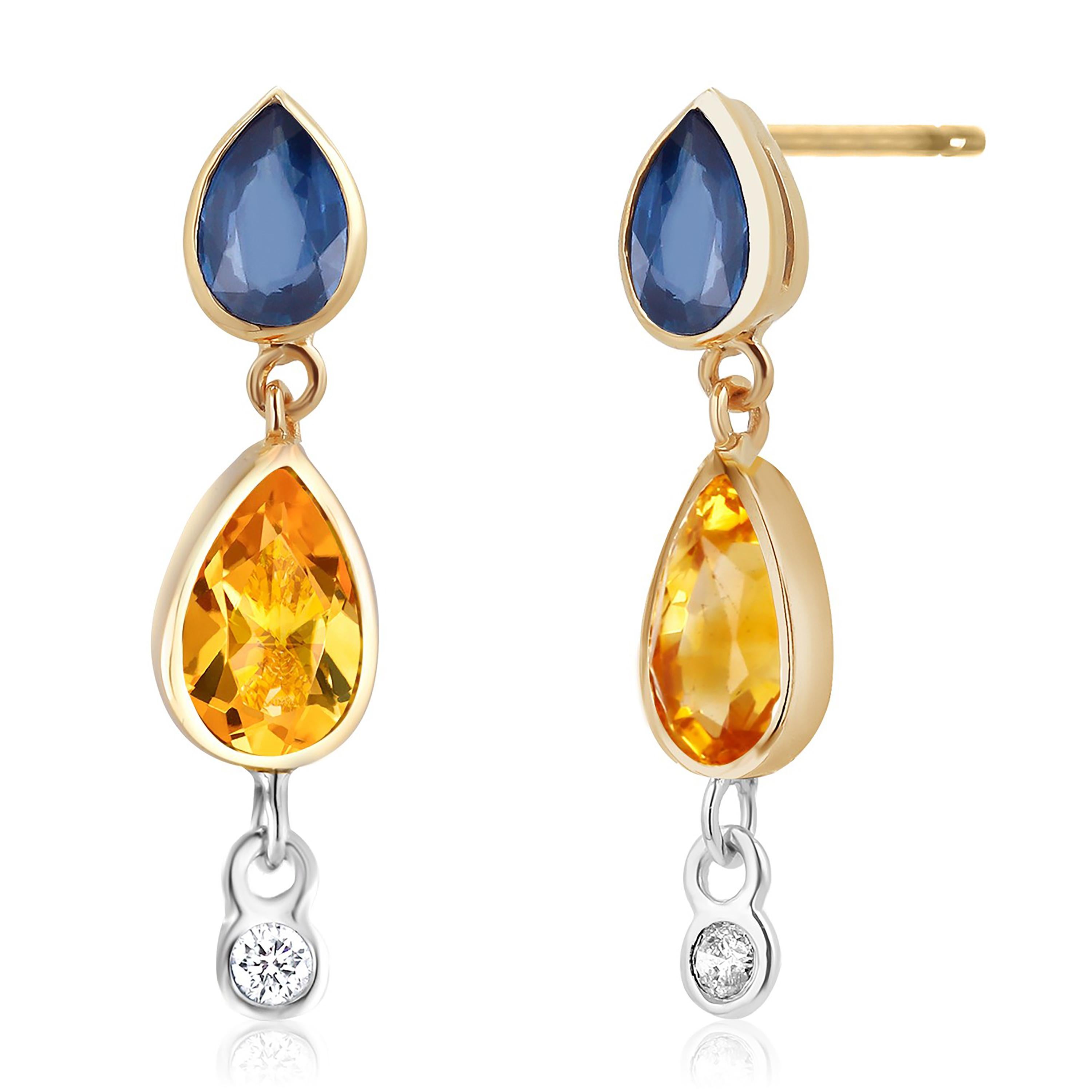 Women's or Men's Pear Ceylon Blue Yellow Sapphire Diamond 4.70 Carat Bezel Set Gold Earrings For Sale