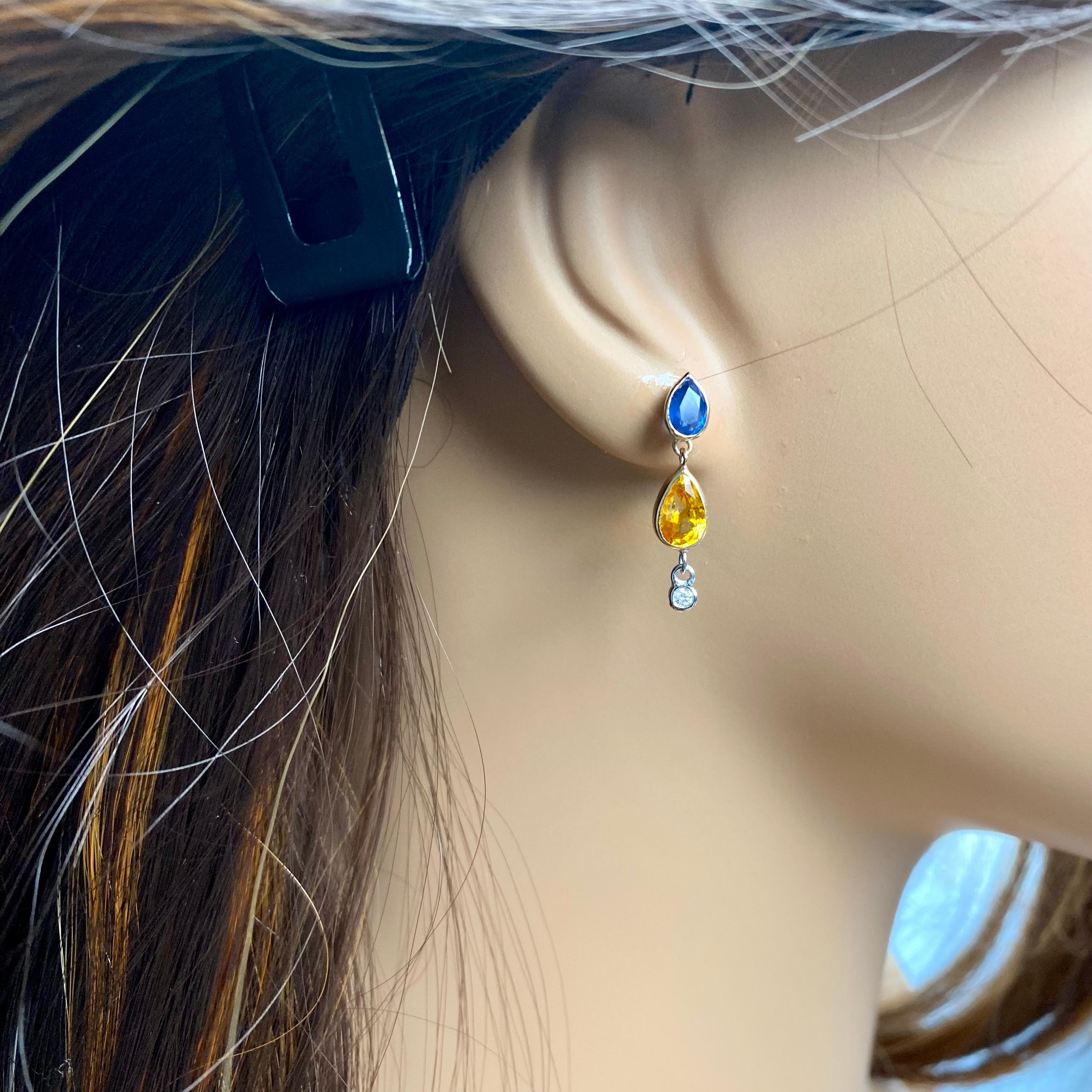 Pear Ceylon Blue Yellow Sapphire Diamond 4.70 Carat Bezel Set Gold Earrings For Sale 1