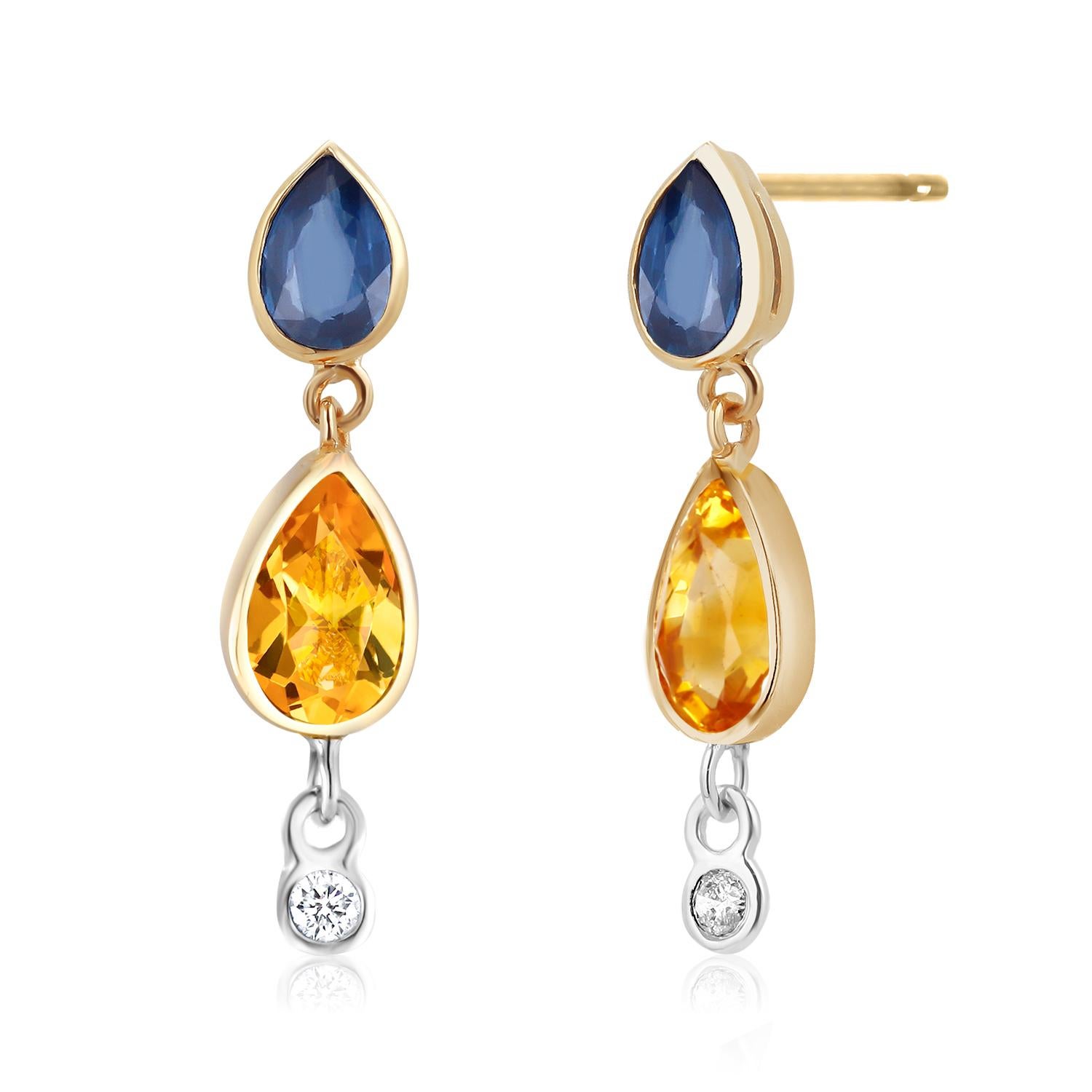 Pear Ceylon Blue Yellow Sapphire Diamond 4.70 Carat Bezel Set Gold Earrings For Sale 2