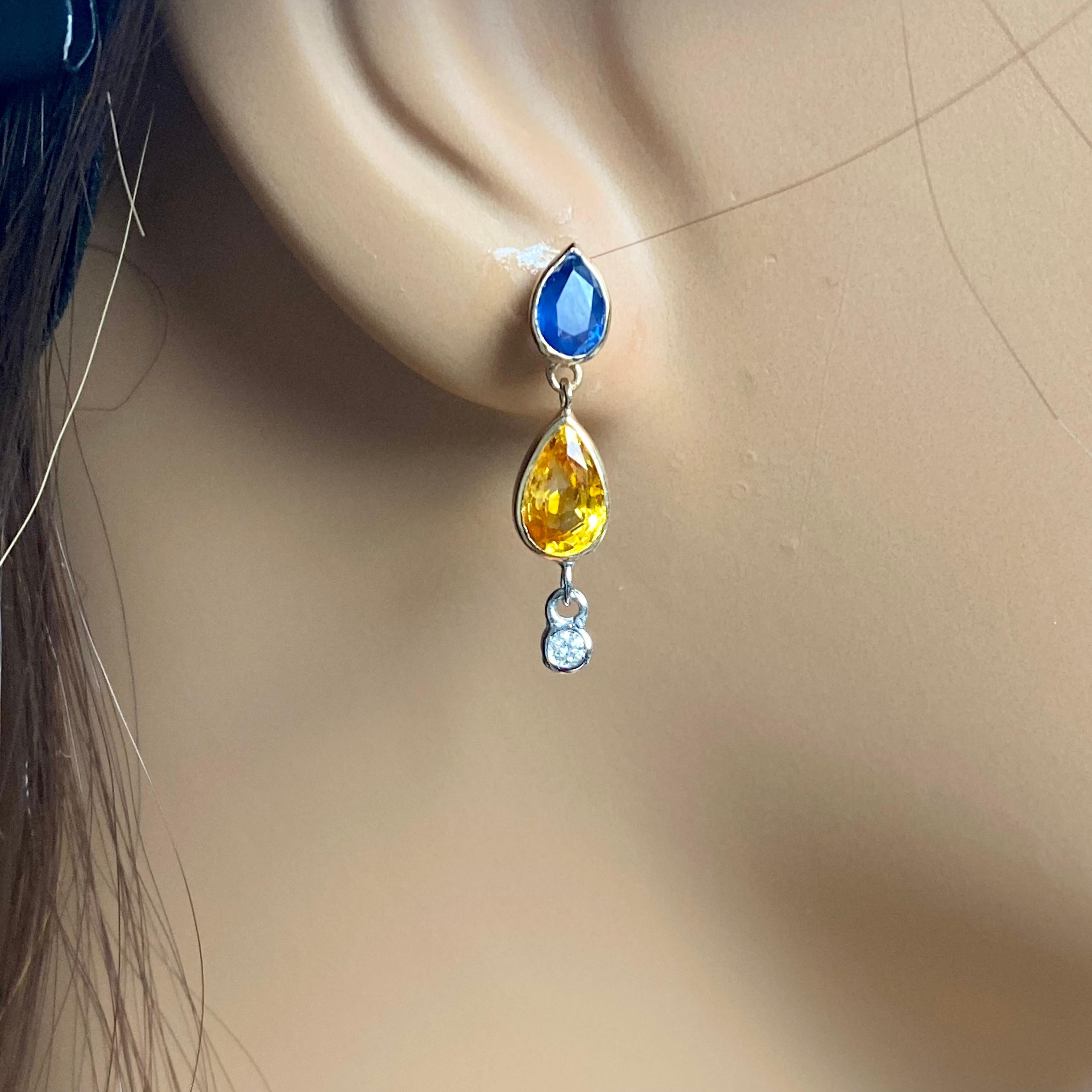 Pear Ceylon Blue Yellow Sapphire Diamond 4.70 Carat Bezel Set Gold Earrings For Sale 3