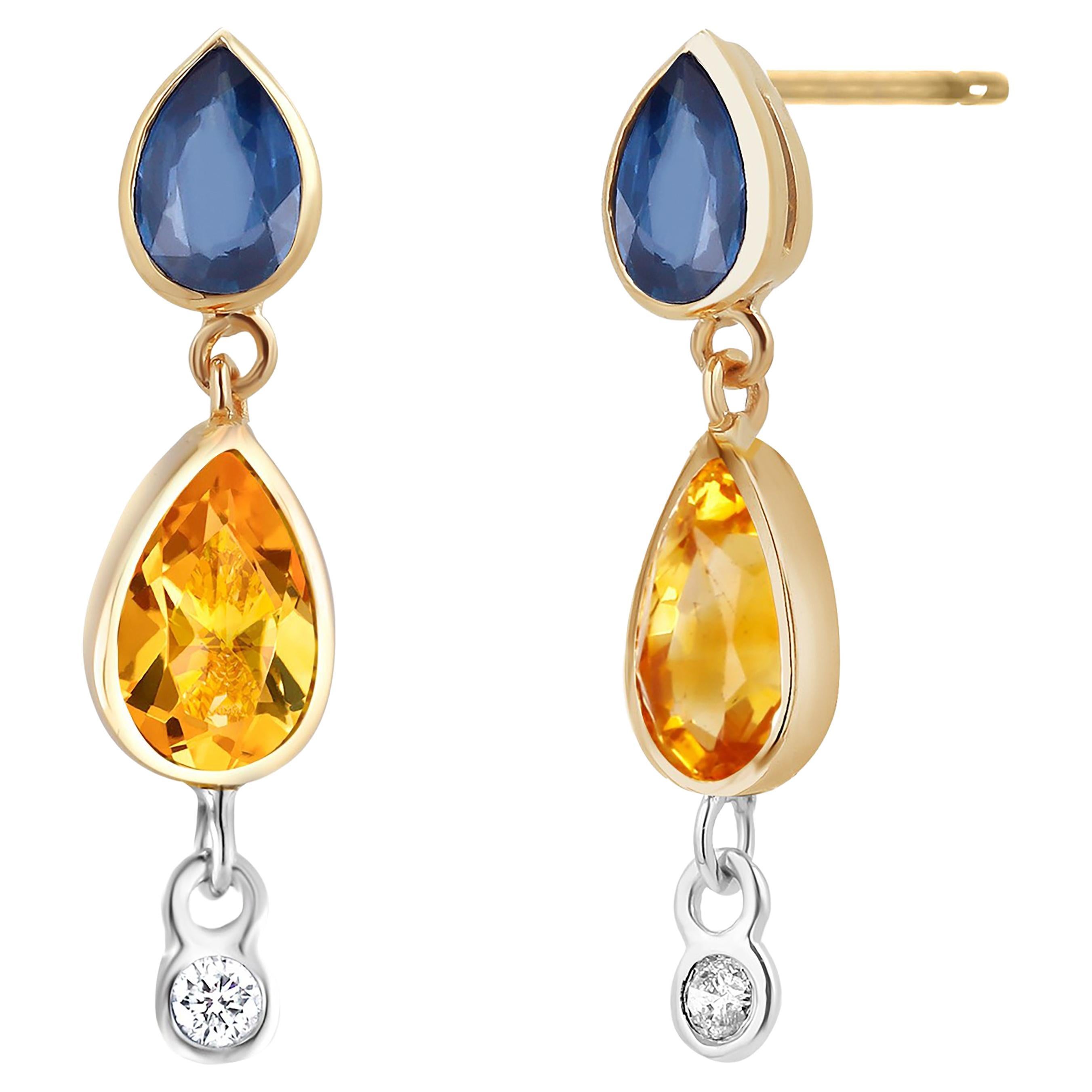Pear Ceylon Blue Yellow Sapphire Diamond 4.70 Carat Bezel Set Gold Earrings For Sale
