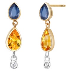 Pear Ceylon Blue Yellow Sapphire Diamond 4.70 Carat Bezel Set Gold Earrings
