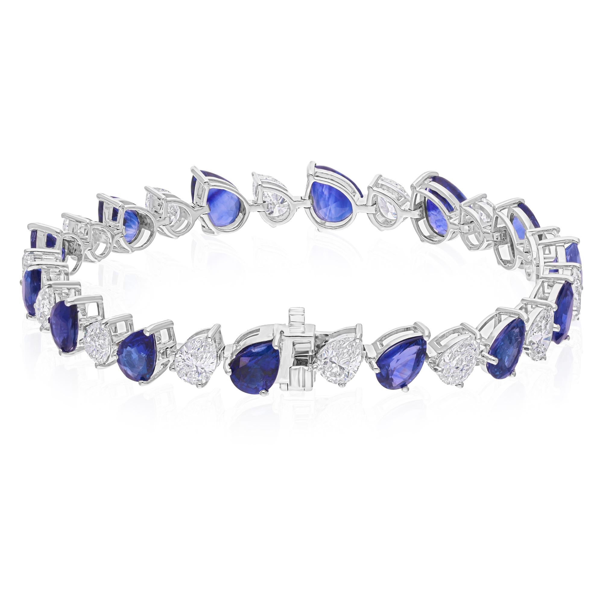 Modern Pear Blue Sapphire Gemstone Bracelet SI/H Diamond 18 Karat White Gold Jewelry For Sale