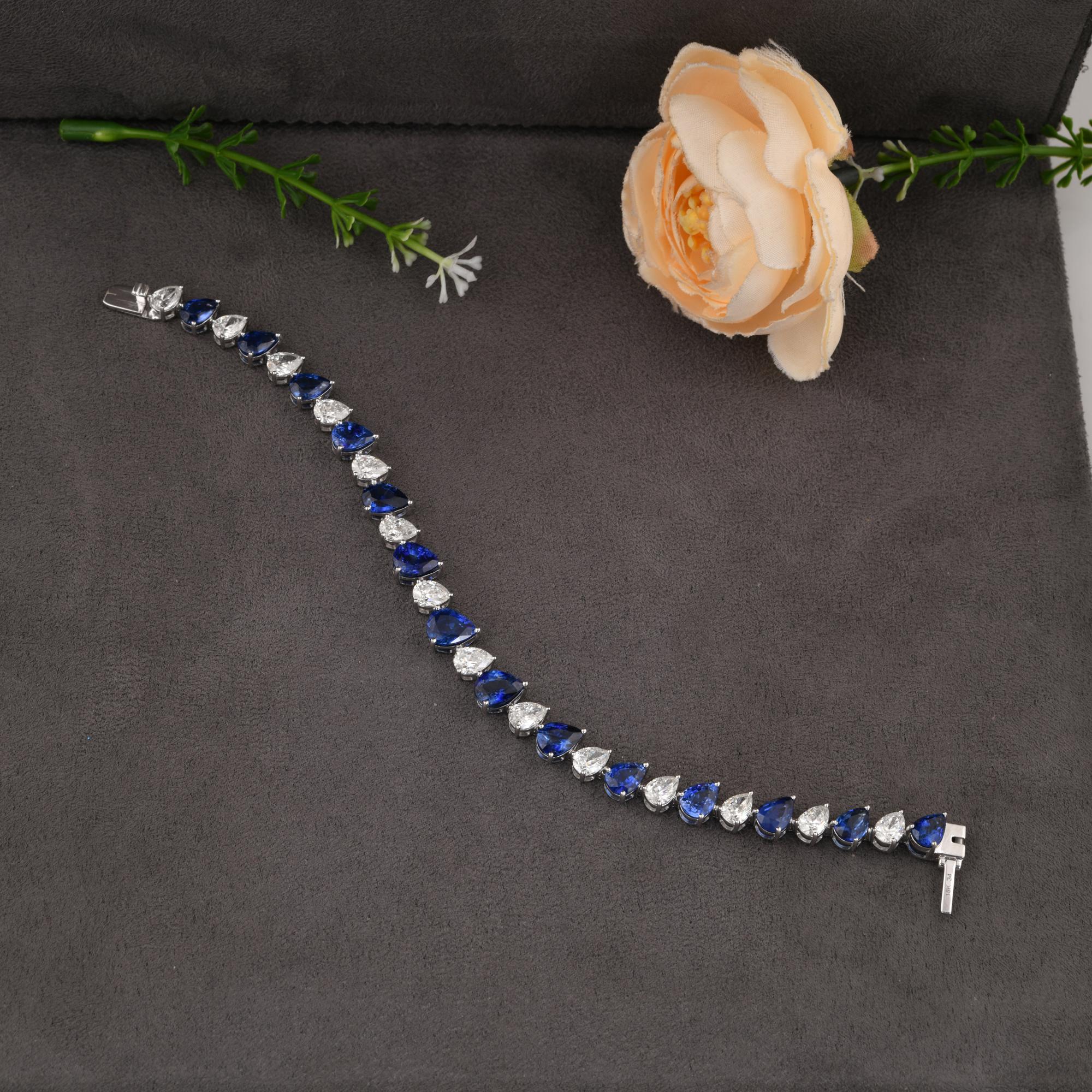 Women's Pear Blue Sapphire Gemstone Bracelet SI/H Diamond 18 Karat White Gold Jewelry For Sale
