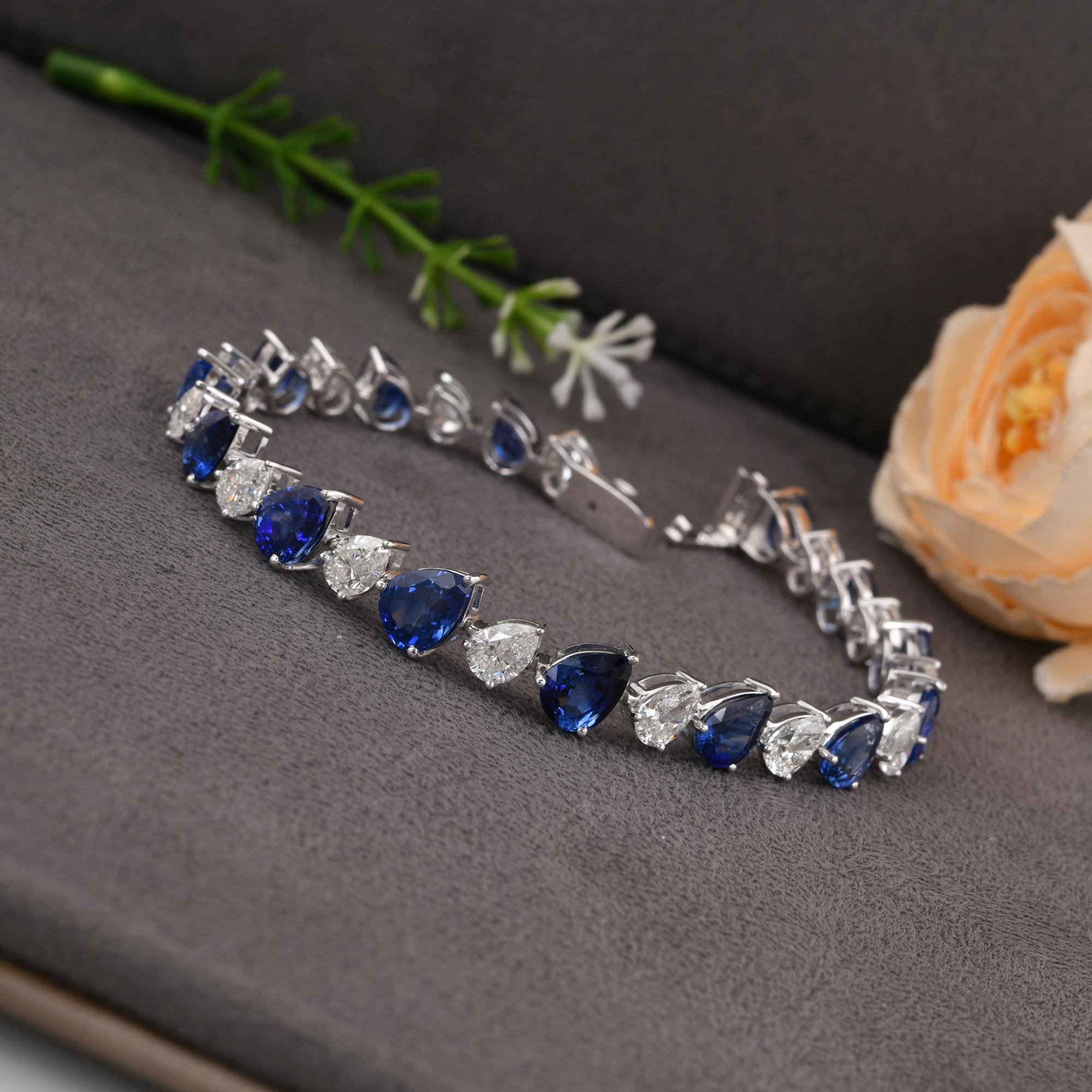 Pear Blue Sapphire Gemstone Bracelet SI/H Diamond 18 Karat White Gold Jewelry For Sale 1