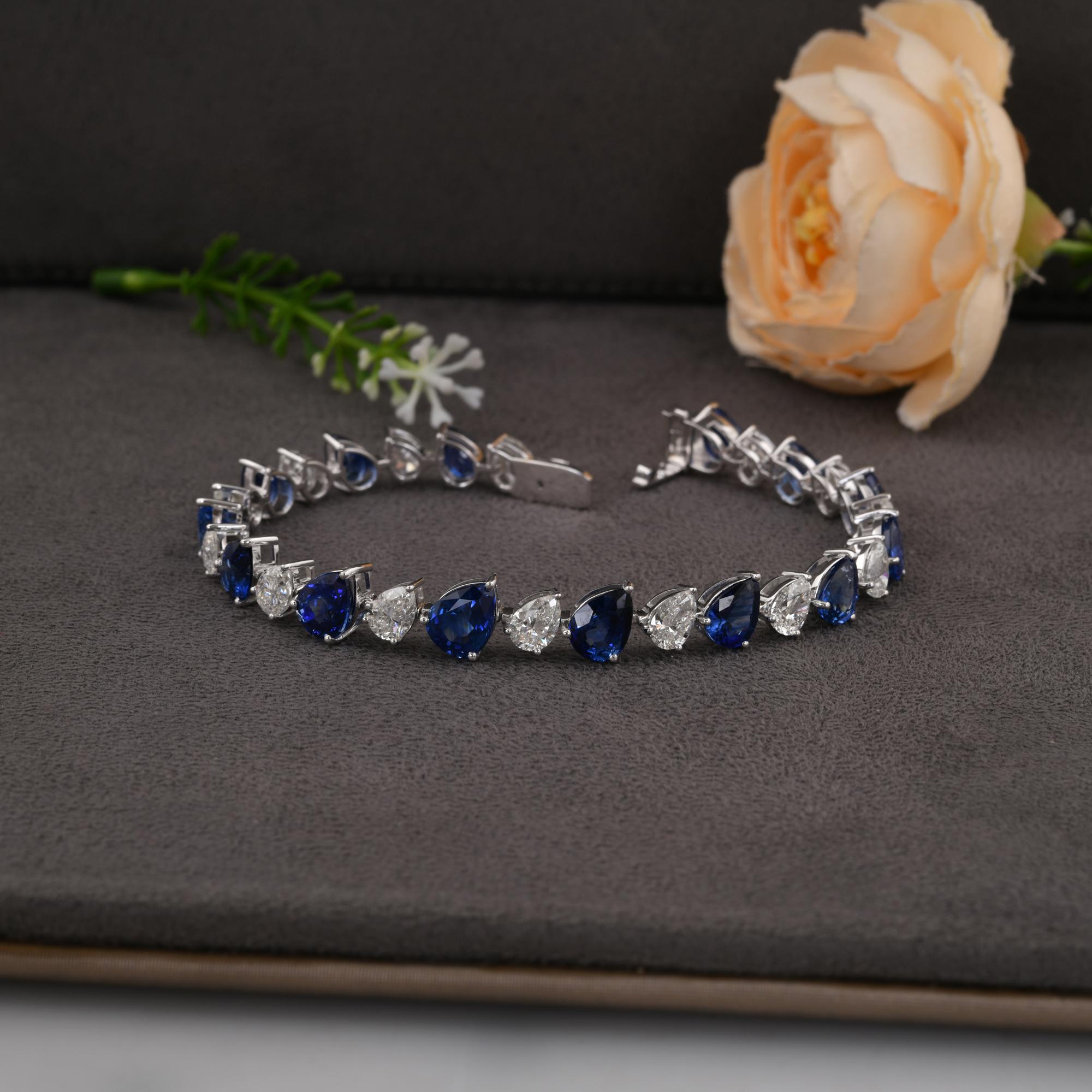Pear Blue Sapphire Gemstone Bracelet SI/H Diamond 18 Karat White Gold Jewelry For Sale 2