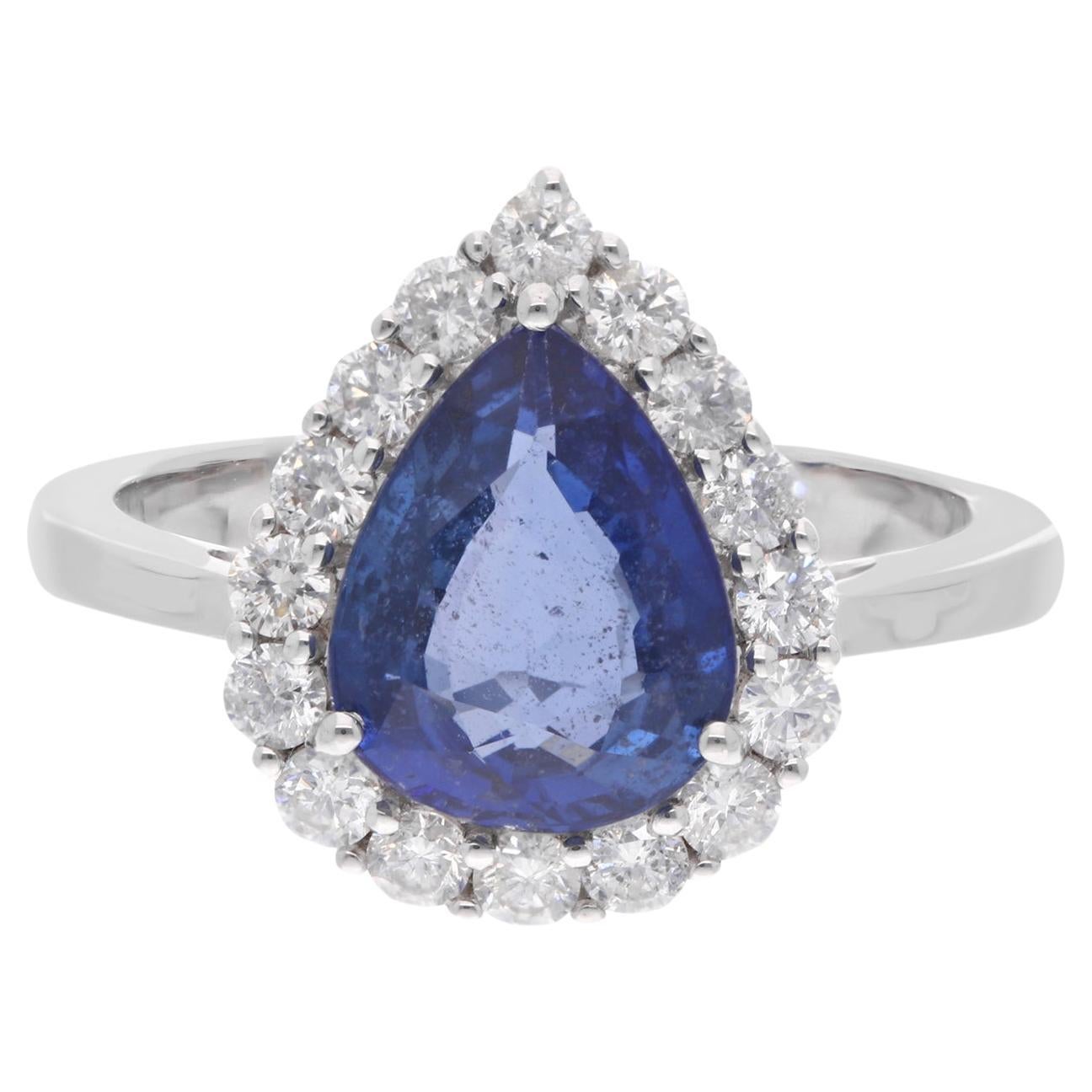 Pear Blue Sapphire Gemstone Cocktail Ring Diamond 14 Karat White Gold Jewelry
