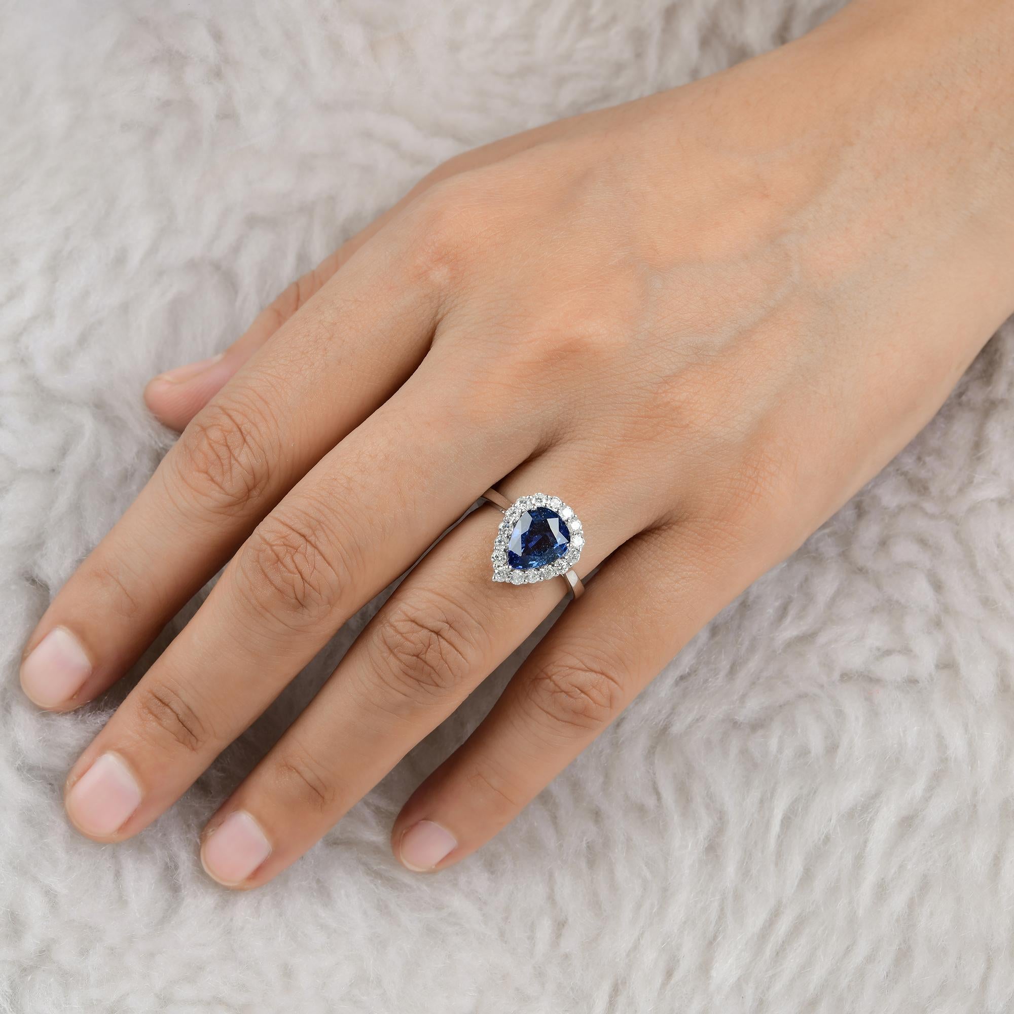 Pear Cut Pear Blue Sapphire Gemstone Cocktail Ring Diamond 18 Karat White Gold Jewelry For Sale