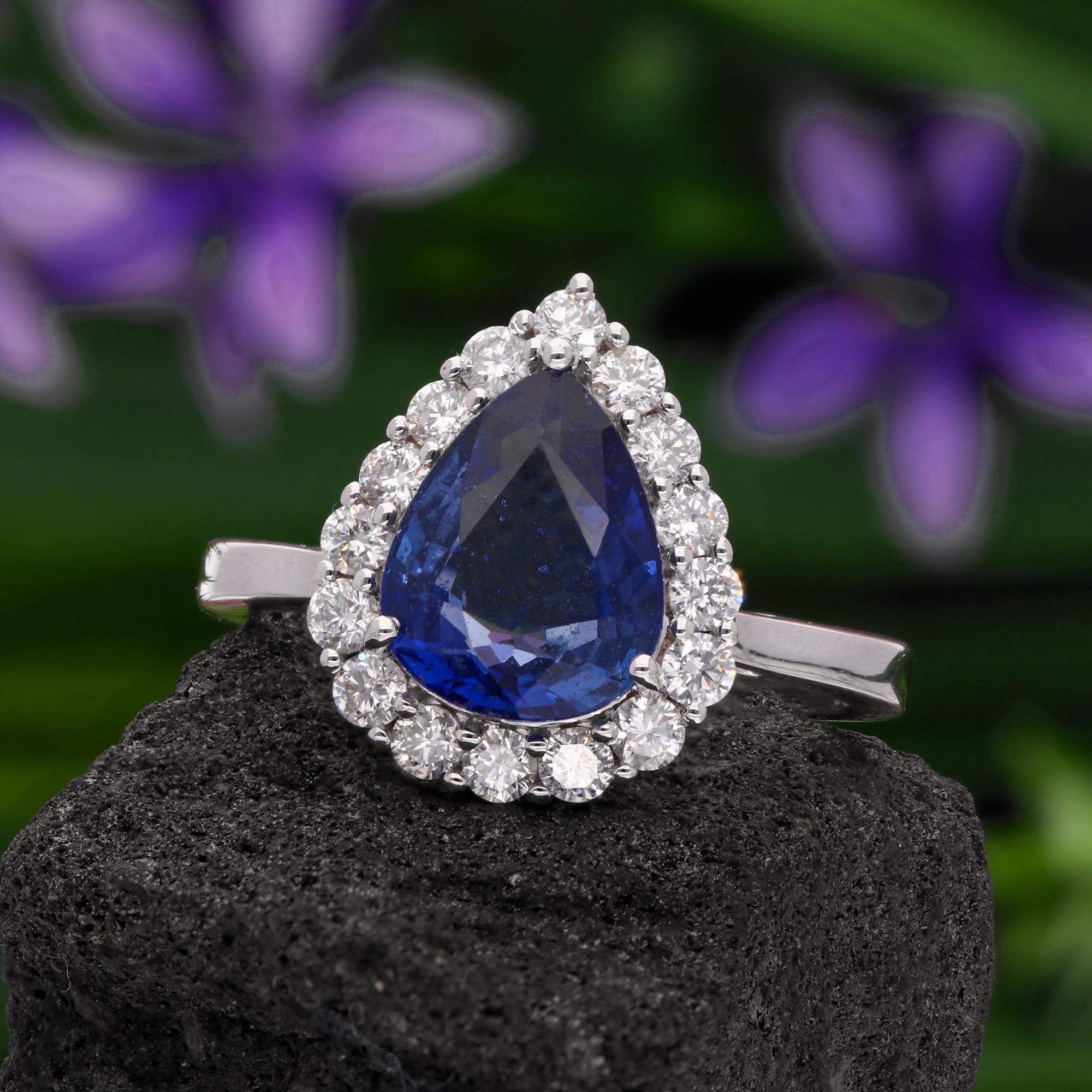 Women's Pear Blue Sapphire Gemstone Cocktail Ring Diamond 18 Karat White Gold Jewelry For Sale
