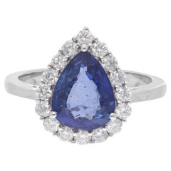 Pear Blue Sapphire Gemstone Cocktail Ring Diamond 18 Karat White Gold Jewelry