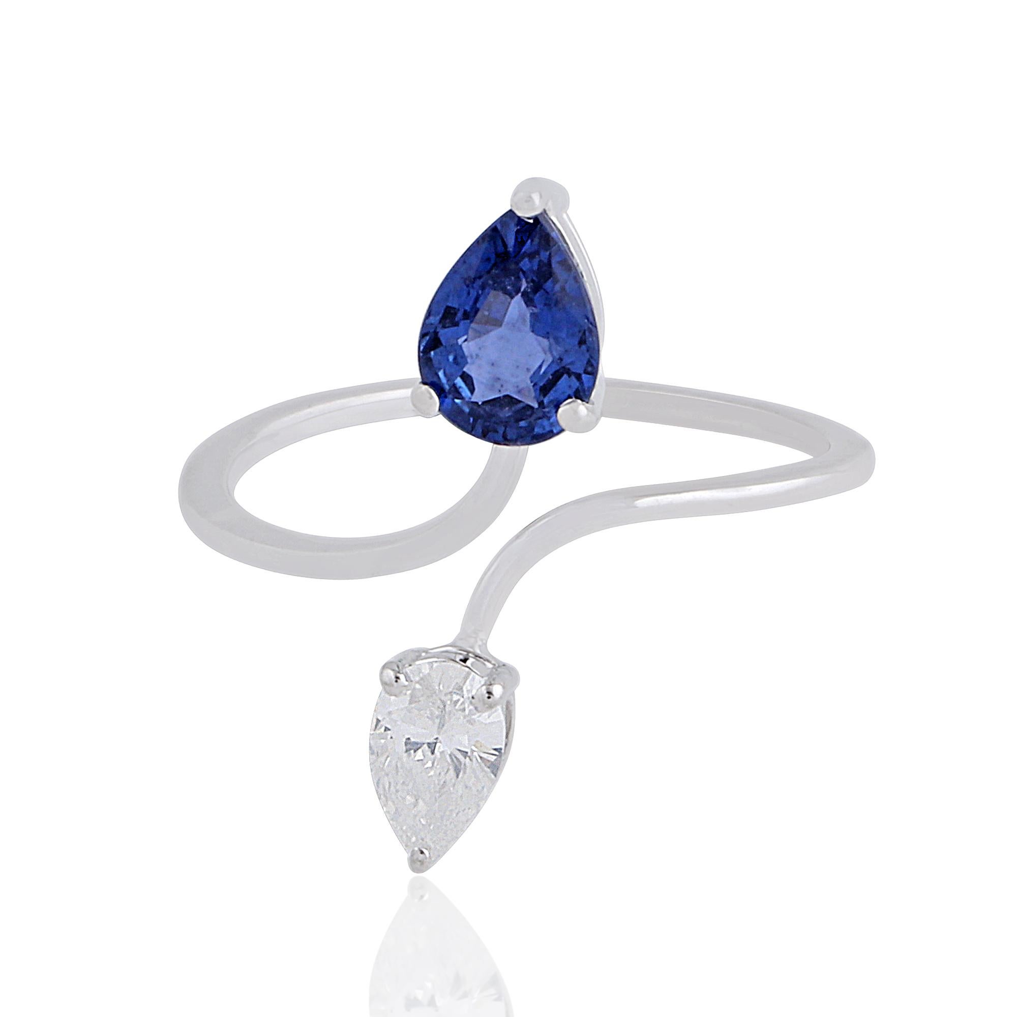 For Sale:  Pear Blue Sapphire Gemstone Fine Wrap Cuff Ring Pear Diamond 18 Karat White Gold 6